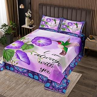 Hummingbird Bedspread Twin Size,Flowers Rustic Farmhouse Coverlet Set for Kids Girls Boys Adults Bedroom Decor,Paisley Boho Trippy Quilted Coverlet,Purple Romantic Bedding Quilt,1 Pillowcase