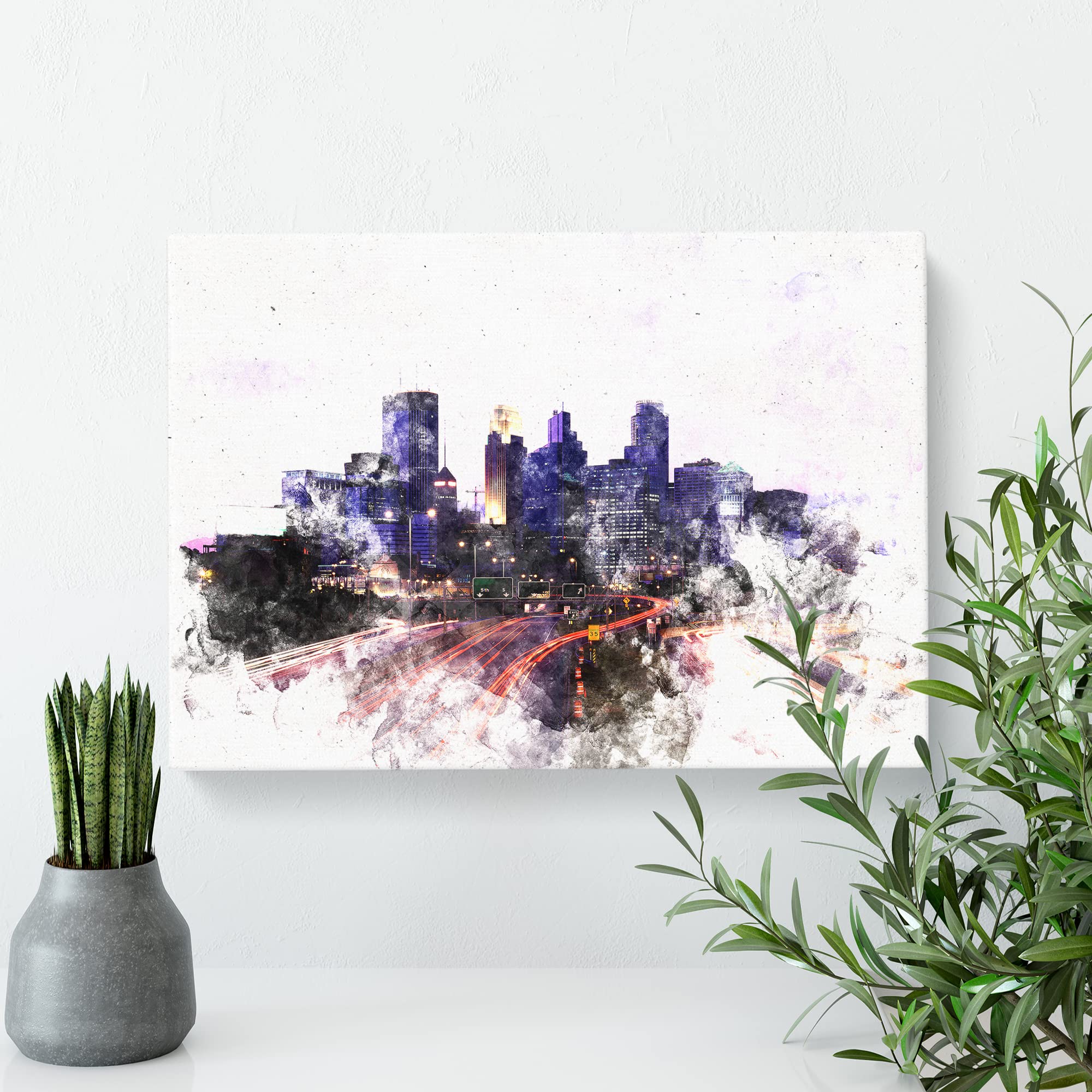 Minneapolis Skyline At Dusk Watercolour Canvas Print, Mixed, 25L x 50W cm - Image 3