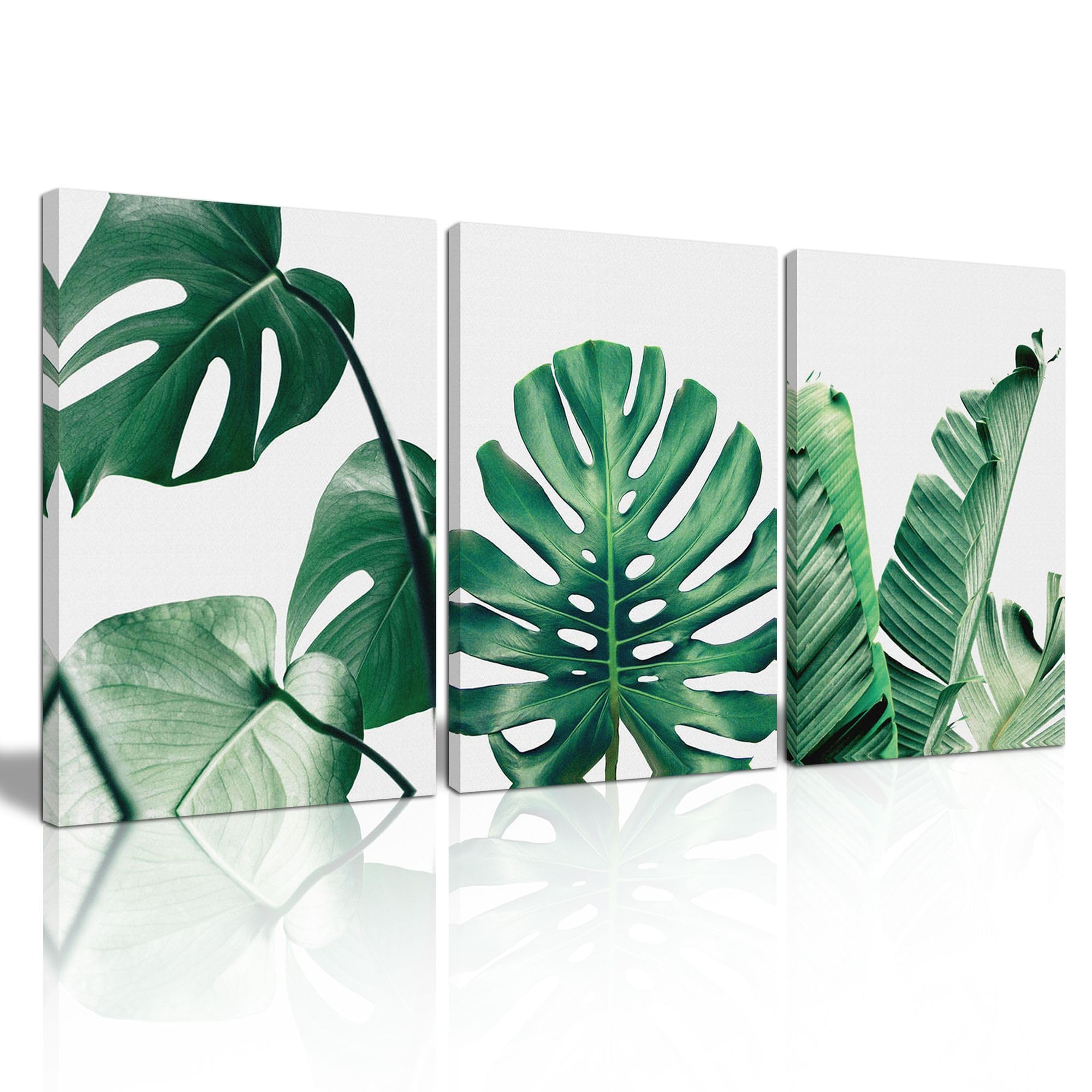 3 Piece Green Plant Canvas Wall Art for Living Room Decor 16'' x 24'' Wall Monstera Decor for Bedroom Tropical Plant Green Leaf Jungle wall art - Modern Home Decor Framed Canvas Ready to Hang pictures