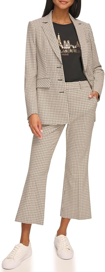 Karl Lagerfeld Women's Three Button Plaid Fitted Blazer