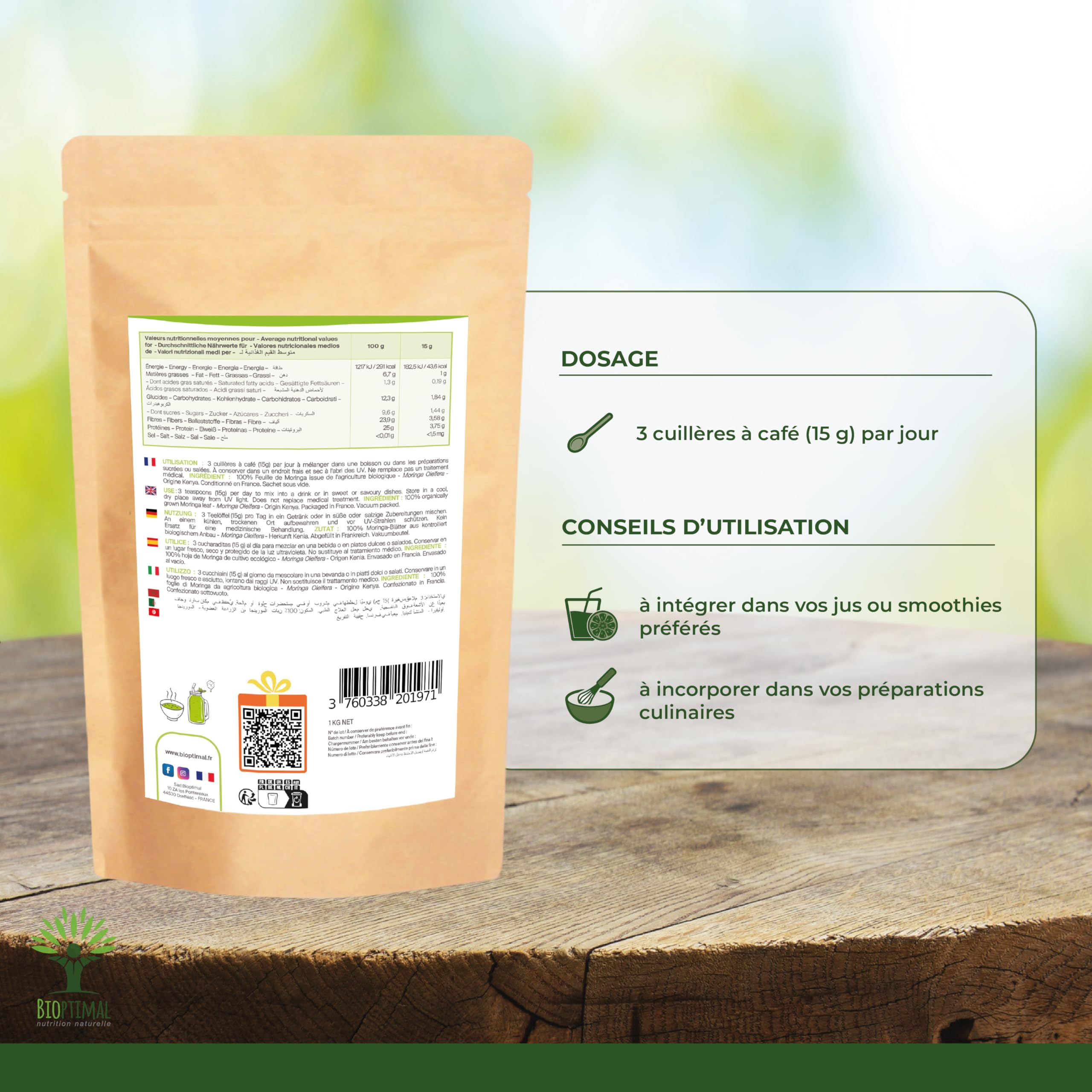 Moringa Bio - Bioptimal - En Poudre - 100% Feuille de Moringa Oleifera - Antioxydant Immunité Anti-Fatigue Cheveux - Vitamine A C E - Origine Kenya - Conditionné en France - Certifié Ecocert - 1kg