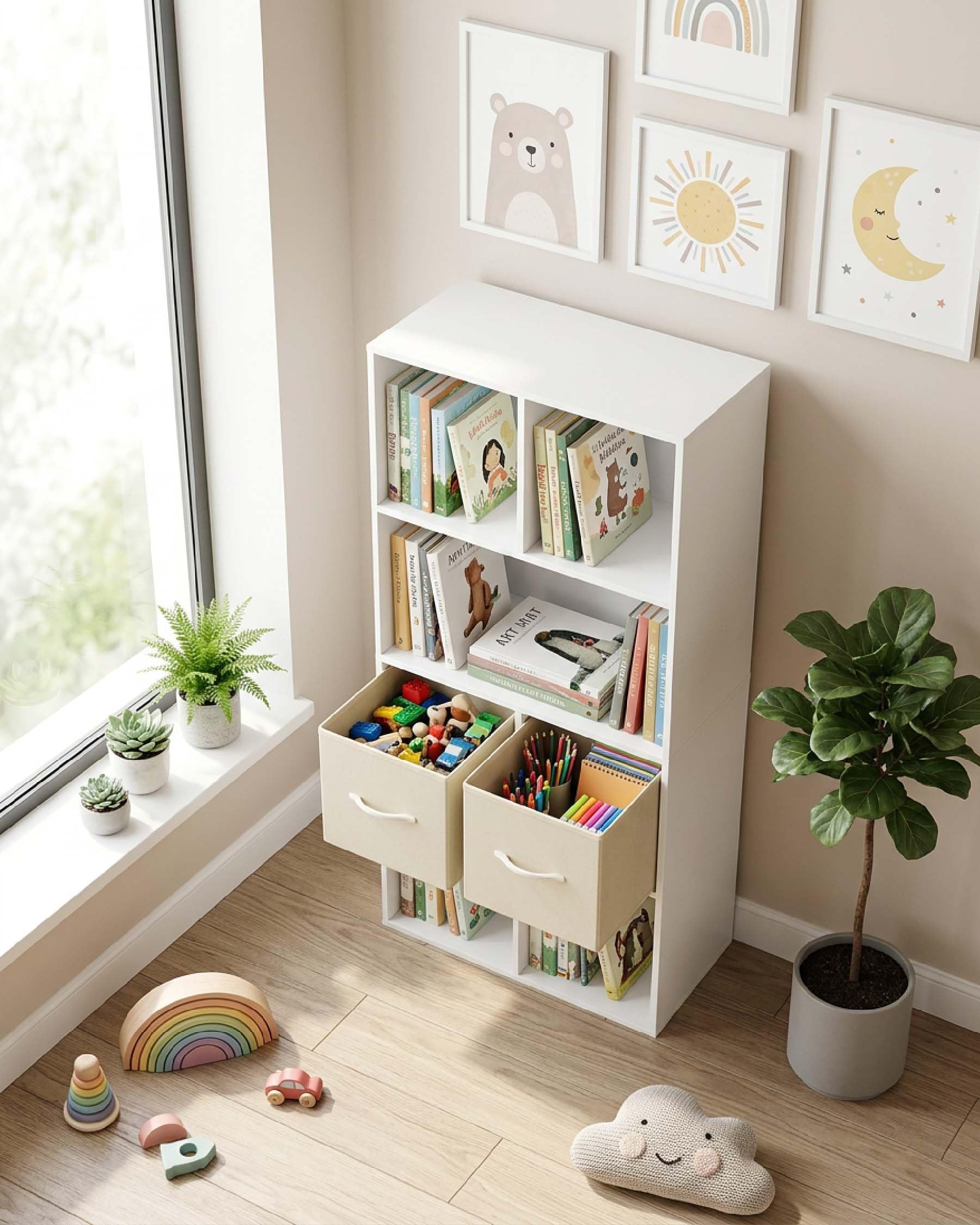 Libreria per Bambini e Ragazzi Scaffale porta Giocattoli con 2 Cassetti in Tessuto Mobile porta Libri Multiuso per Cameretta e Soggiorno Struttura Stabile 50 x 29 x 121 cm Bianco