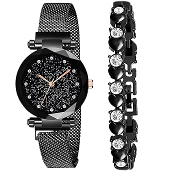 The Shopoholic Analog Black Dial Black Blue Silver Magnetic Watch with Heart Bracelet for Girls & Women Watch for Girl or Women