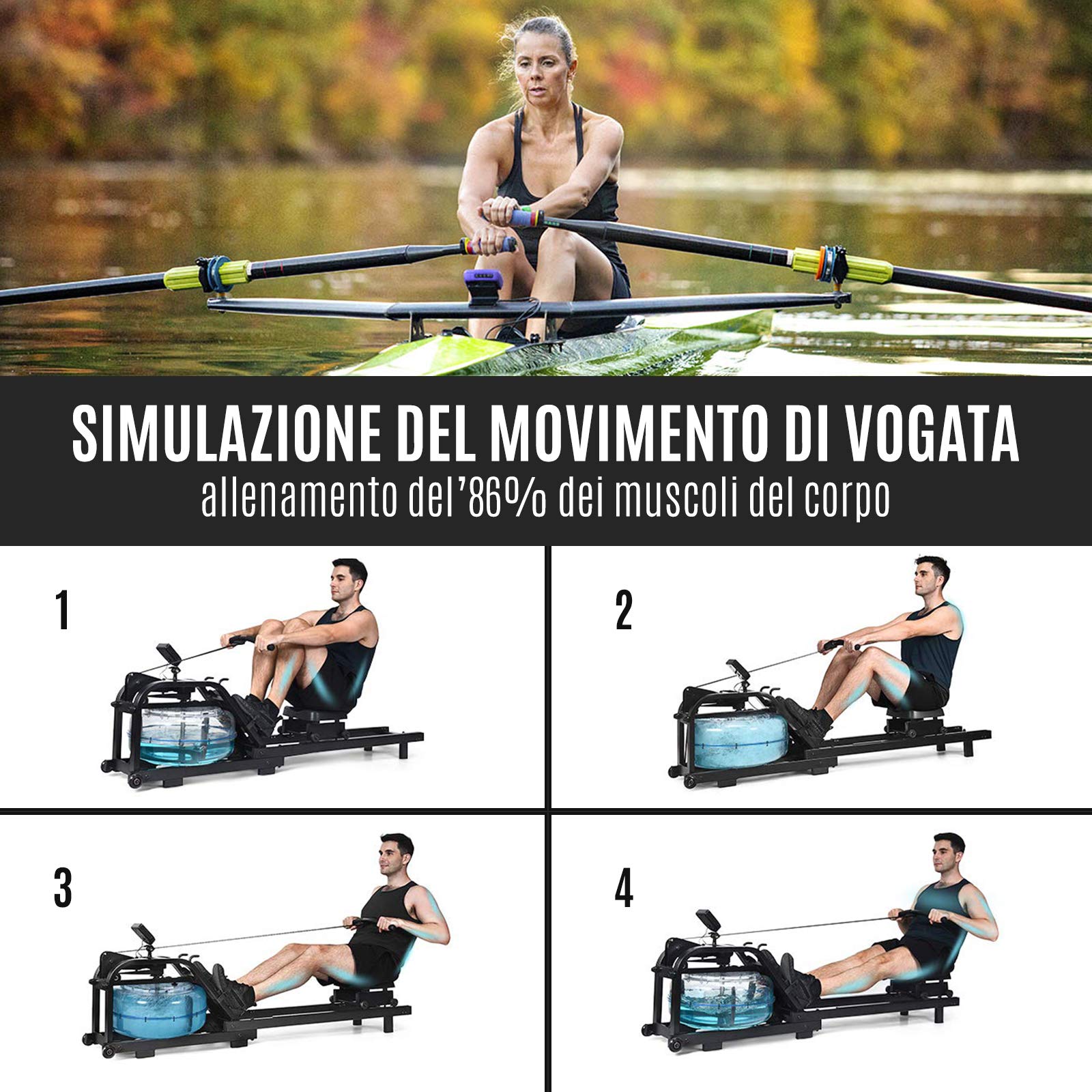 FFitness Vogatore Rematore Idraulico ad Acqua Compatto Unisex Adulto con Display Resistenza Idraulica Regolabile