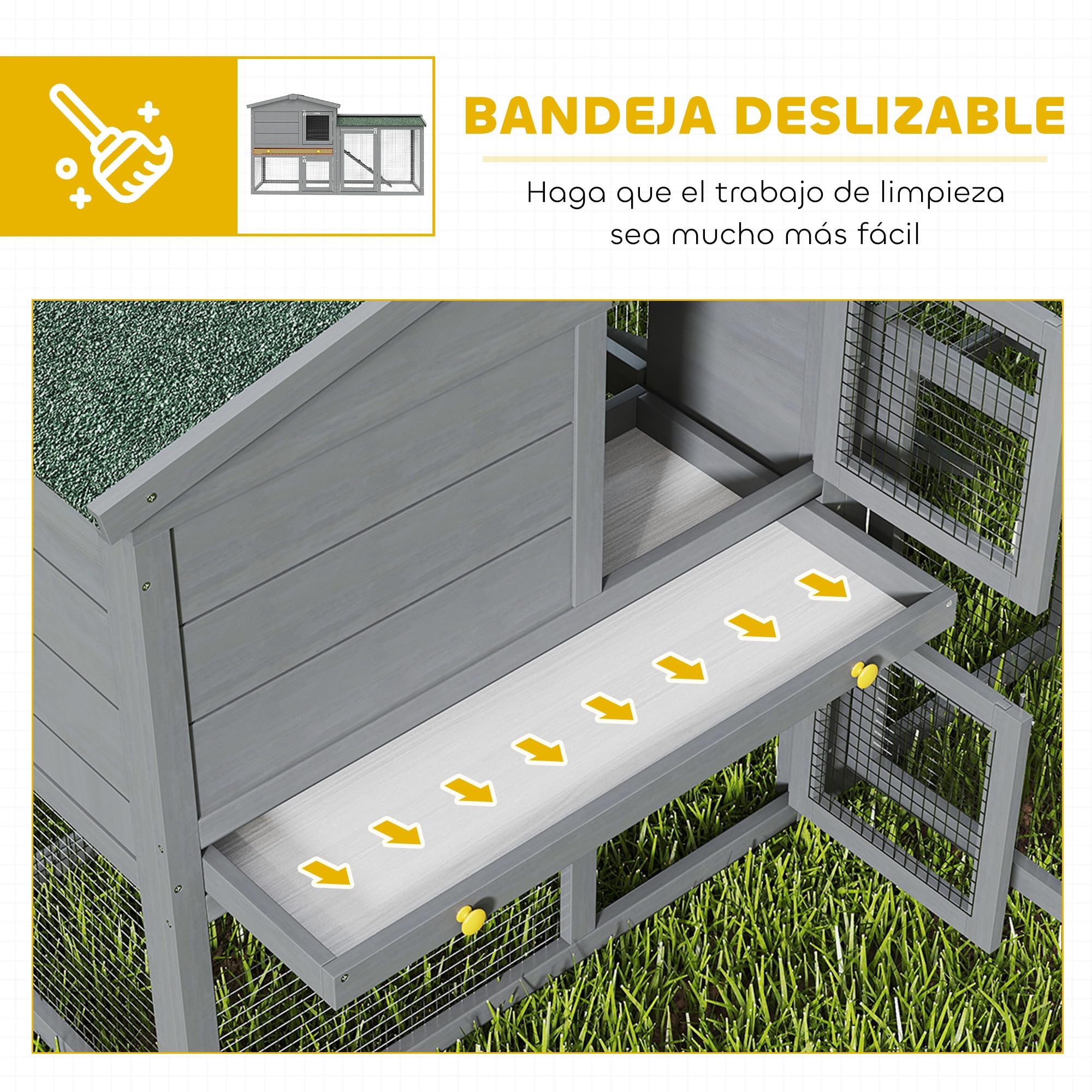 PawHut Conejera de Madera de 2 Niveles, Jaula para Conejos Grande con Techo Asfáltico, Bandeja Extraíble y Escalera, Conejera para Exterior, para Cobayas y Hámsteres, 150x45x85 cm, Gris