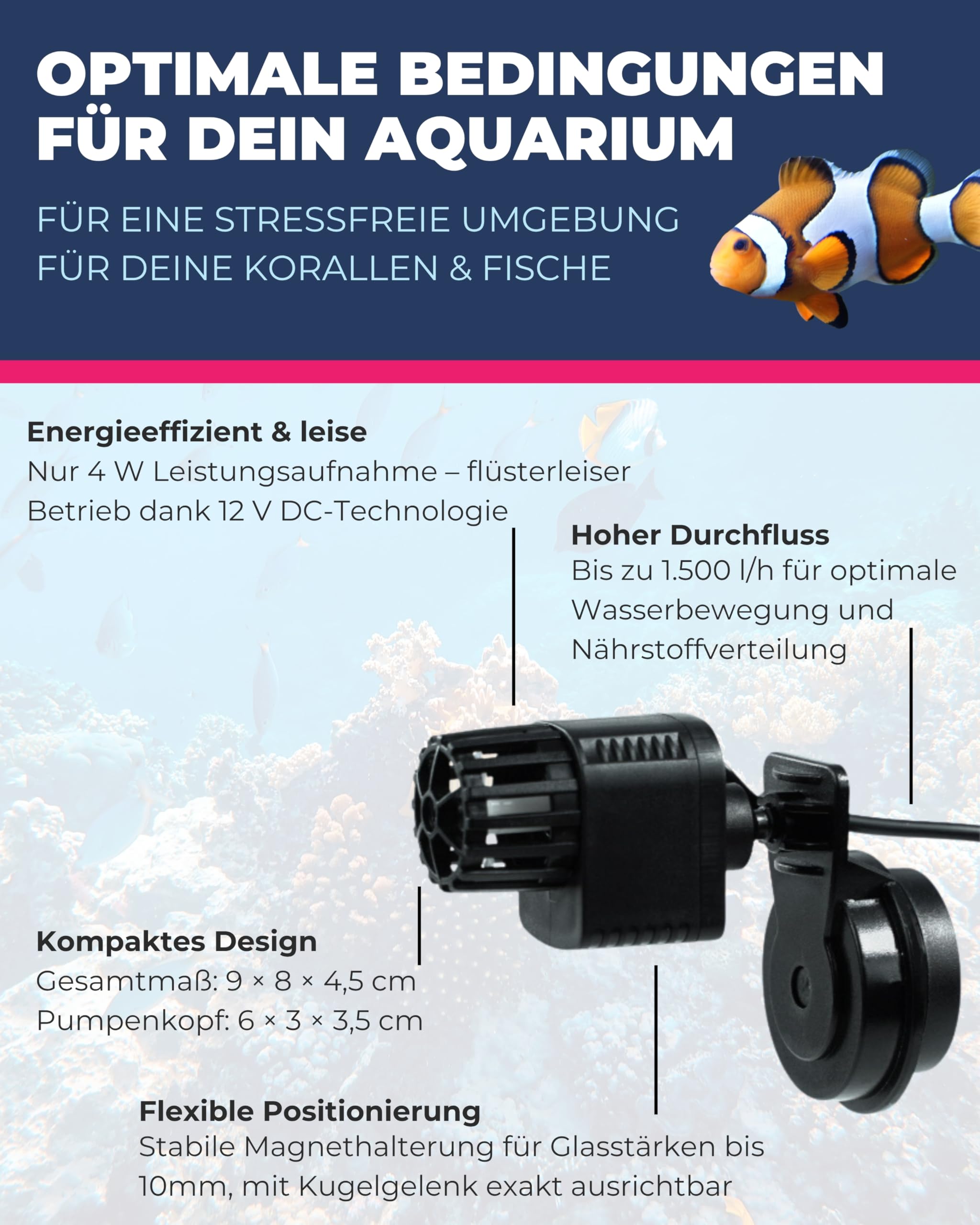 Dupla Marin Silent Nano Waver 1.500 I Strömungspumpe mit 1.500 l/h Durchfluss I Leise & leistungsstarke Aquarium Pumpe für Meerwasser & Süßwasser I Natürliche Wasserbewegung