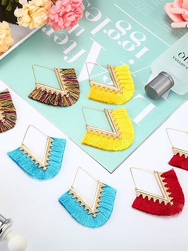 Miniatura 4 de 12 pares de aretes de borla de aro bohemios geométricos hechos a mano para mujer