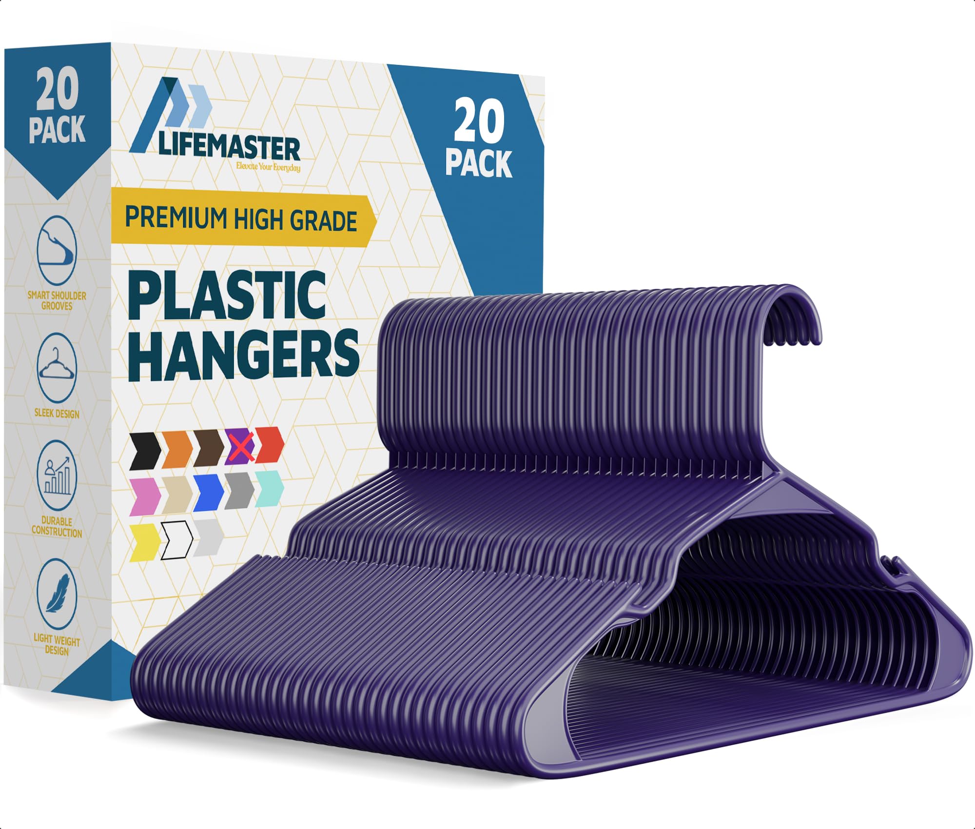 Lifemaster Purple Plastic Clothes Hangers – Heavy Duty Hanger Set, For Organizing Clothes, Dresses, And Coat, Holds Up To 5 Lbs, Space-Saving Hangers With Non-Slip Shoulder Grooves, Pack Of 20,