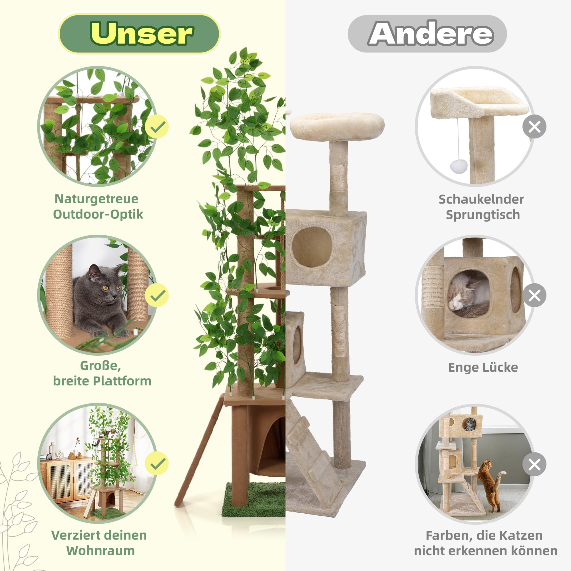 Ultra-haut arbre à chat à 5 niveaux (195 cm) - arbre à gratter en bois naturel avec plantes vertes artificielles, polyvalent pour le plaisir naturel de grimper