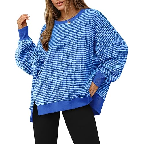 Fisoew Women's Fall Oversized Sweatshirt Casual Waffle Knit Long Sleeve Crewneck Split Pullover Tunic Tops