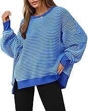 Fisoew Women's Fall Oversized Sweatshirt Casual Waffle Knit Long Sleeve Crewneck Split Pullover Tunic Tops