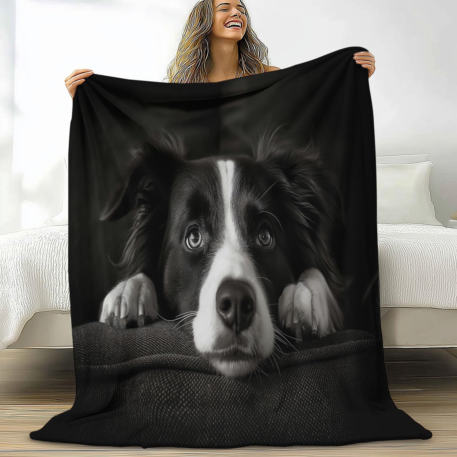 Générique Flanelowy koc dla zwierząt Border Collie 220 x 240 cm Koc polarowy, ciepły i miękki pluszowy koc na sofę Czarny pokrowiec na łóżko na sofę krzesło kempingowe