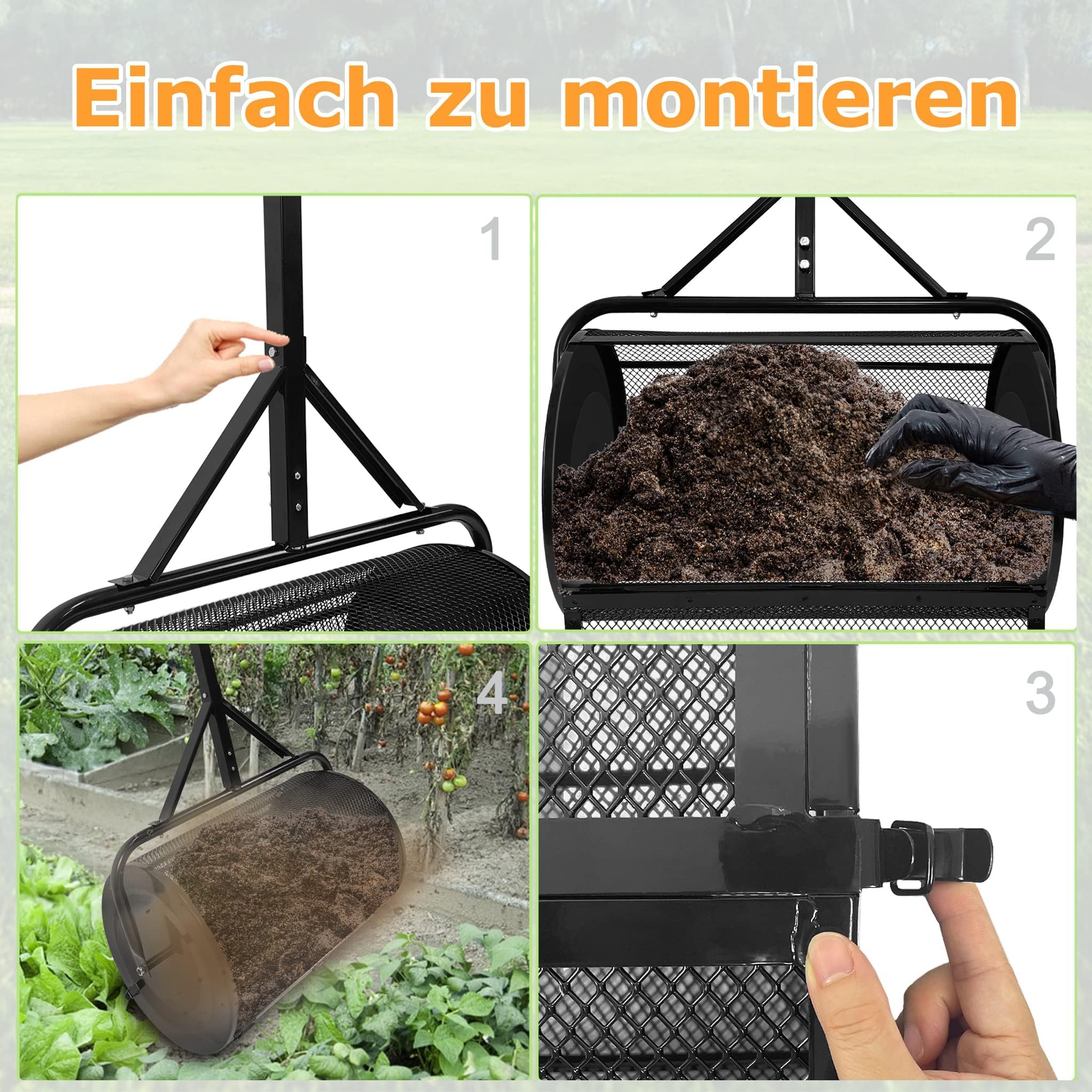 UISEBRT Esparcidor de compostaje de 80 l, color negro, con asa, esparcidor de compost y turba con cesta de malla, 65 cm de ancho, para compost, abono, turba