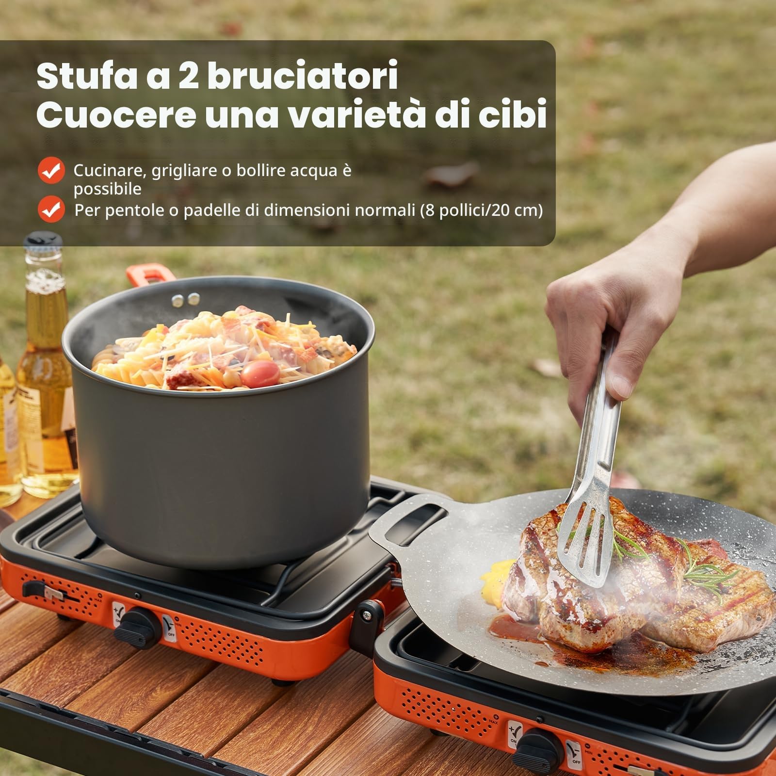 Odoland Fornello da campeggio portatile a 2 fuochi, 4400 W, fornello da campeggio leggero, con accensione automatica e controllo del calore, per viaggi in spalla e picnic