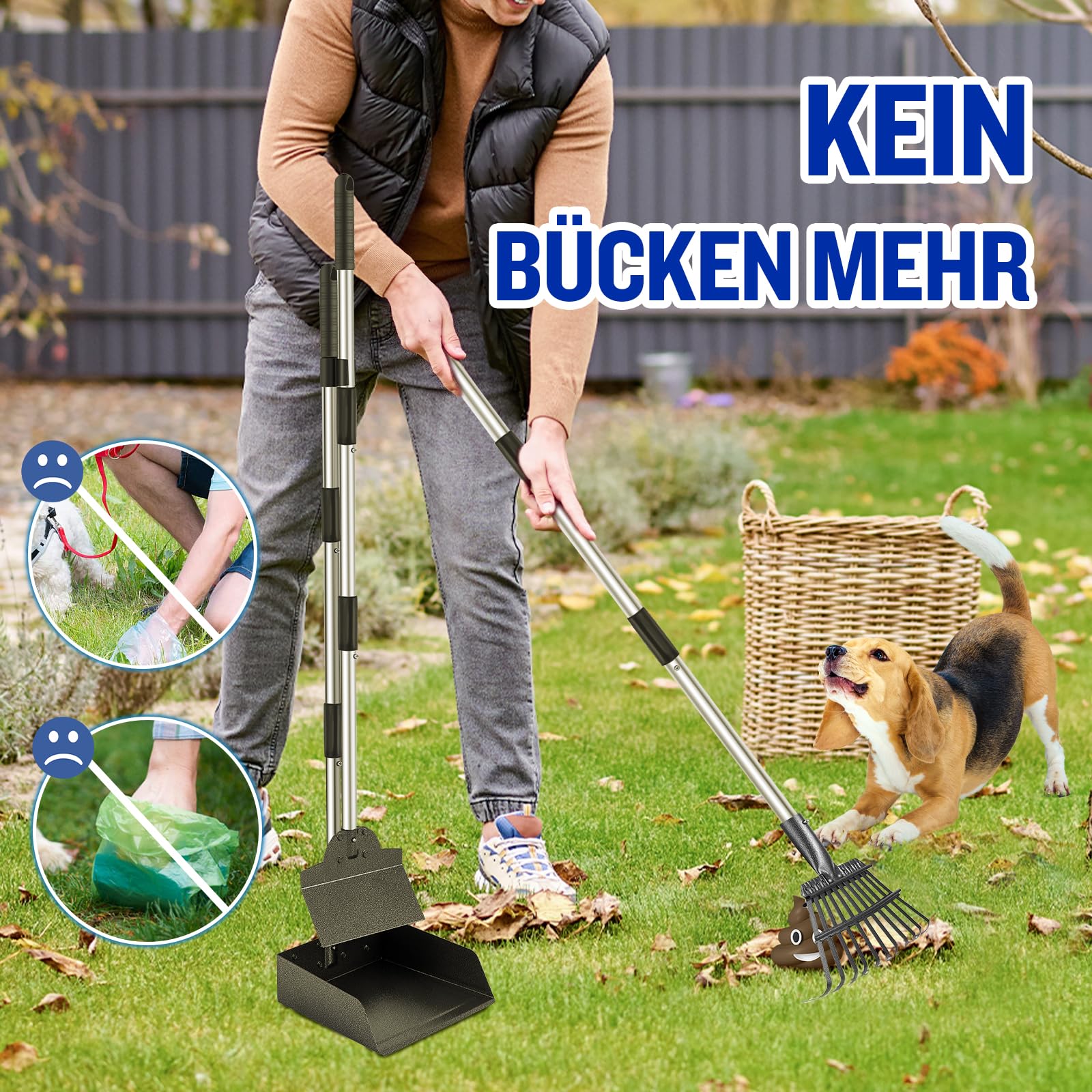 Snagle Paw Dog Poop Scooper Lot de 3 pelles à déjections canines et râteau en métal pour grands, moyens et petits chiens avec longue poignée réglable Rake Waste Removal