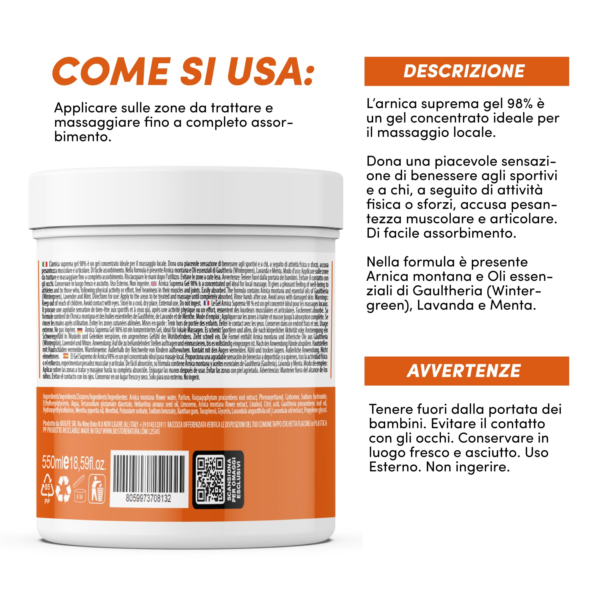 Arnica Suprema per Cavalli Uso Umano Forte 98% Gel per Massaggi Rilassanti con Lavanda, Menta, Vitamina E, Crema Arnica per Muscoli e Articolazioni 100% Made in Italy - I Rimedi dei Monaci 2x550ml