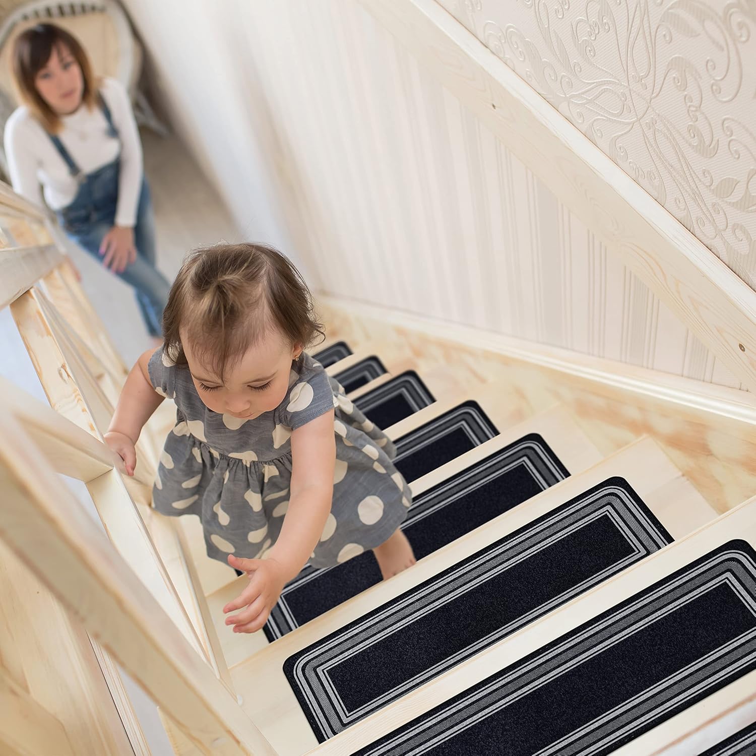 Beverly Rug Stair Treads for Wooden Steps, Bordered Design Non Slip Stair Treads Indoor, Stair Treads Carpet, Set of 15, Black, 8.5x26