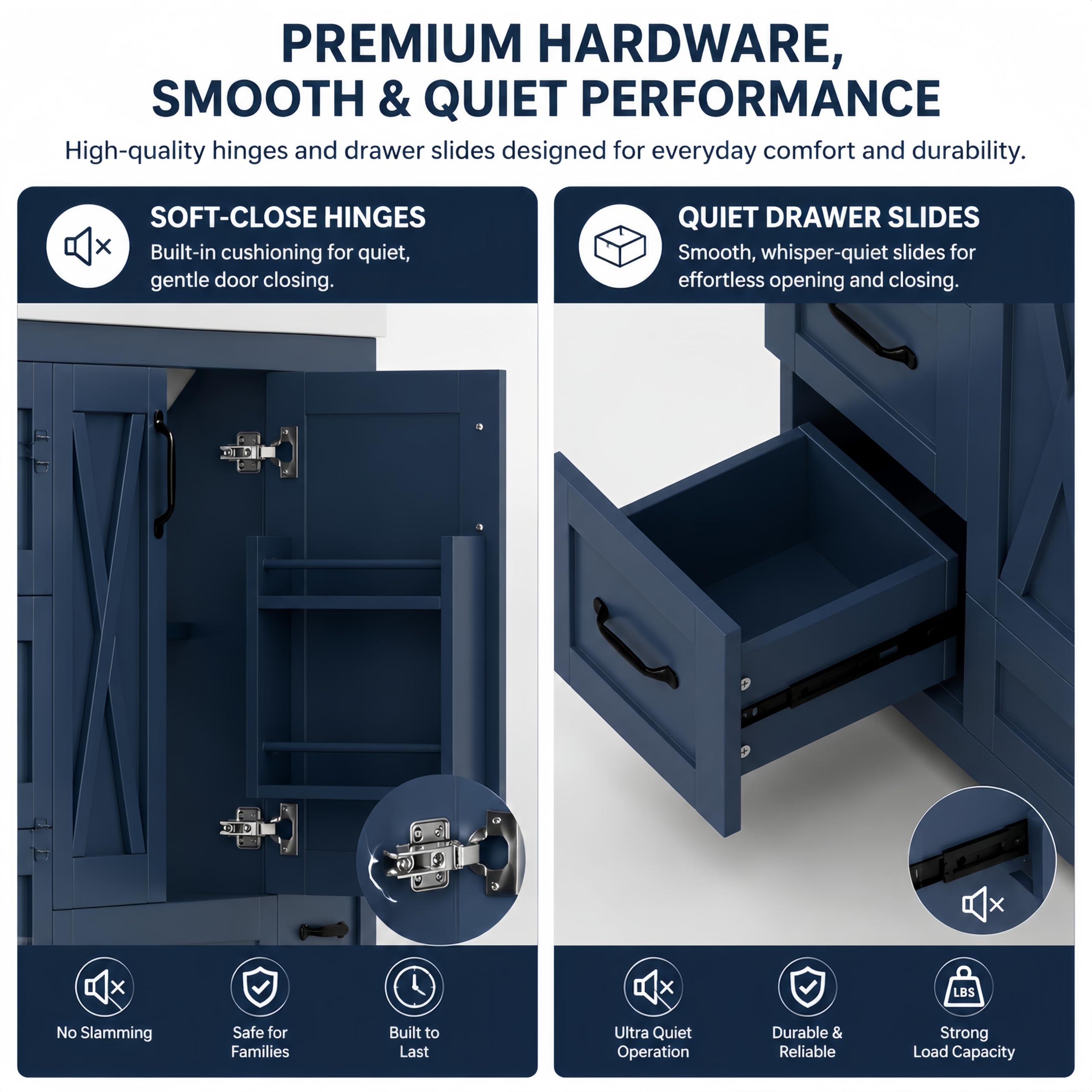 Mobile da bagno moderno da 91,4 cm con lavello in ceramica, 3 cassetti e 2 ante, mobiletto compatto autoportante con ripiano regolabile e barra portasciugamani reversibile