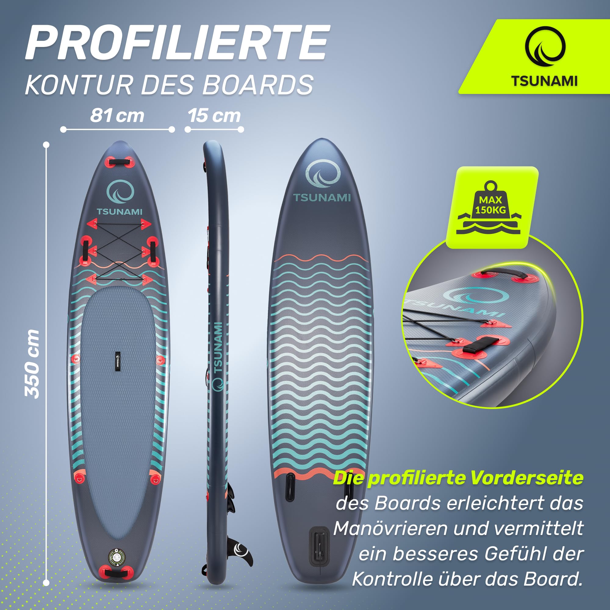 TSUNAMI Stand Up Paddling Board Model T, SUP-Board mit Komplettes Zubehör, Board-Tasche, Pumpe und Sicherheitsleine, Tragkraft bis 150kg, Länge 350 cm, für Erwachsene und Jugendliche Aller Niveaus