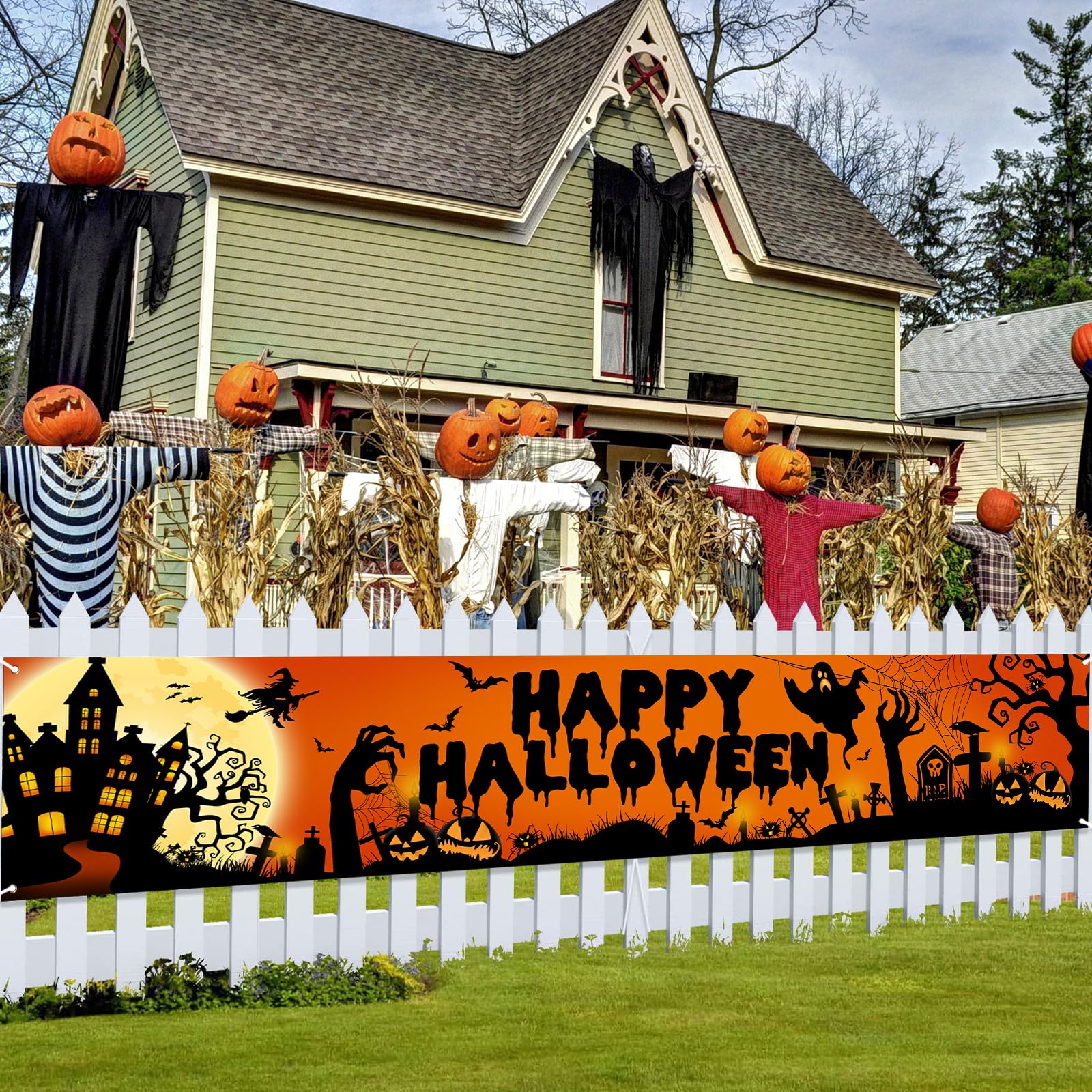 Avezano Happy Halloween Banner Large 98.4 x19.6 Inch Yard Sign Banner Black and Orange Halloween Party Decorations Welcome Hanging Flag Outdoor Fence