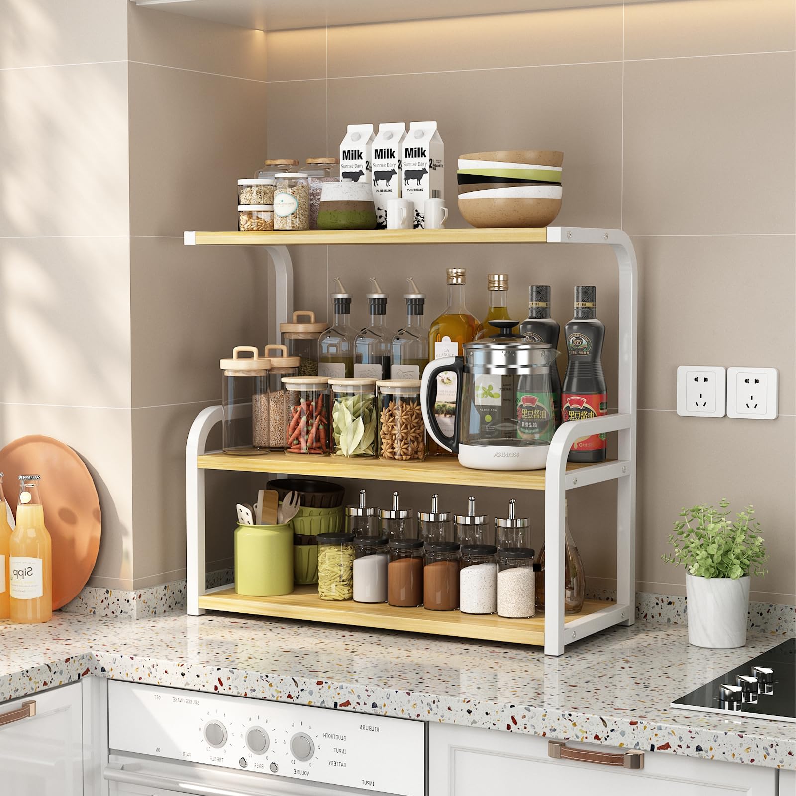 Estante organizador vertical de escritorio de oficina, estante organizador de estanterías, estantes de cocina, oficina, sala de estar, estantería de escritorio (blanco + nogal, 53 cm)