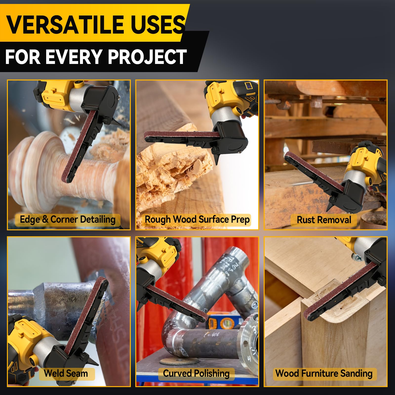 Akku Bandschleifer Kompatibel mit Dewalt 18/20V, 13.000 U/min Bürstenloser 360° Einstellbarer Akku Bandfeile mit Schleifarme 9 mm&13 mm, 20 Schleifbänder für Holz Metall Kunststoff