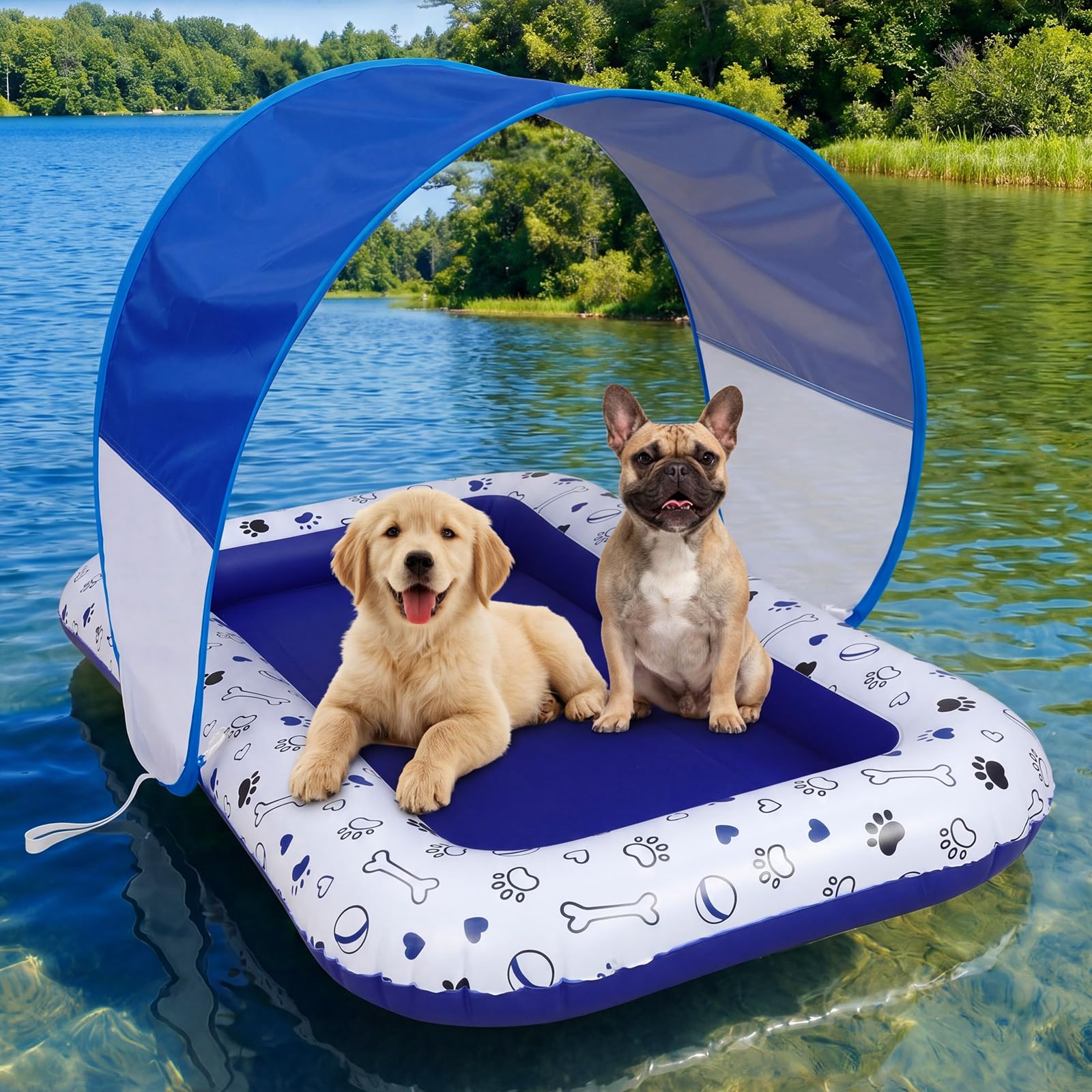 Photo 1 of Seenelling Dog Pool Float with Canopy 57'' x 30'' Inflatable Dog Water Raft for Lake Pet Swimming Float Lounger with Shade for Small Medium Large Dogs Pet Pool Accessories (Blue)