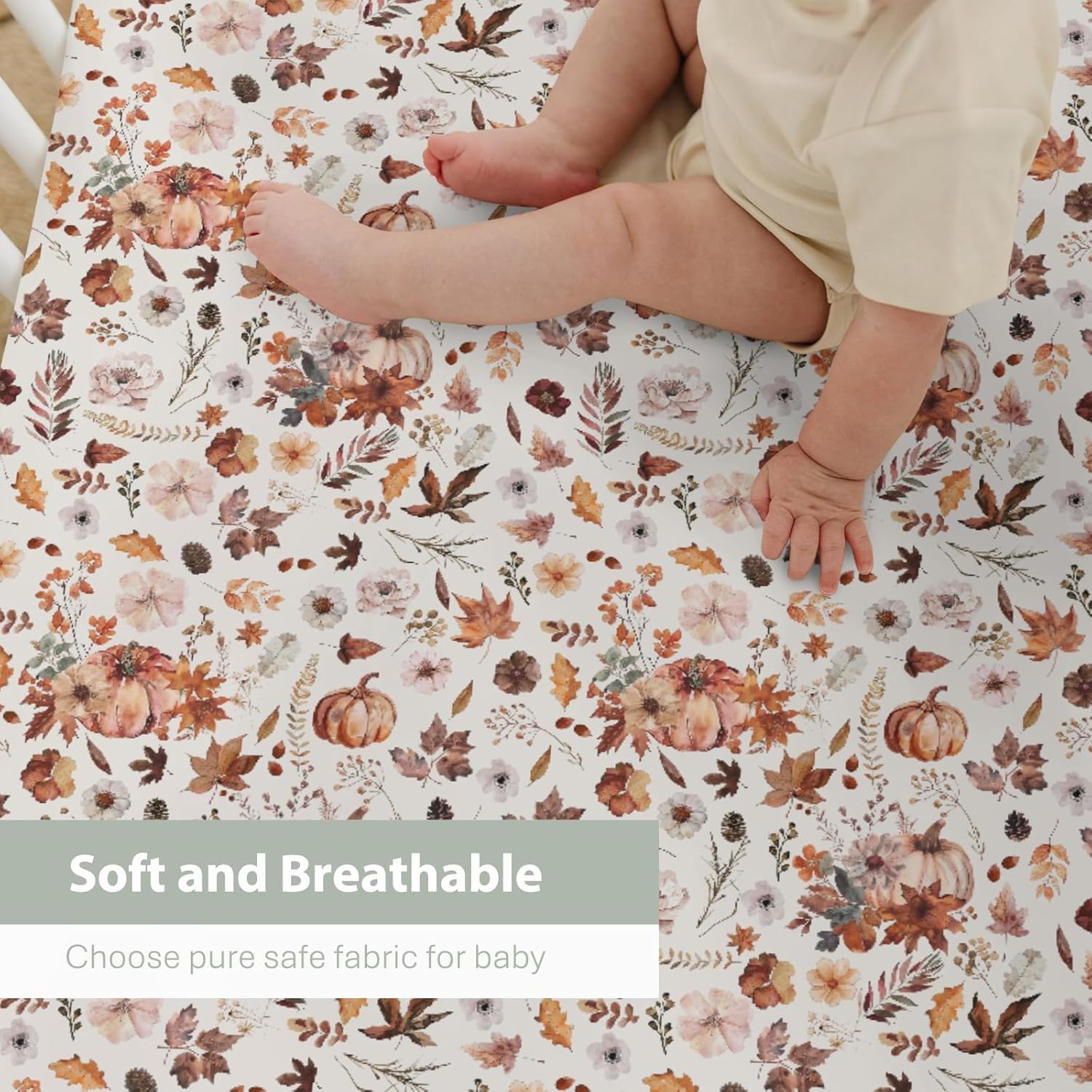 Retro Fall Pumpkins Boho Floral Leaves Baby Crib Sheets for Boy Girl 52x28Inch Autumn Maple Soft Snug Fitted Crib Mattress Cover Thanksgiving Harvest Baby Sheet for Standard Crib & Toddler Mattress