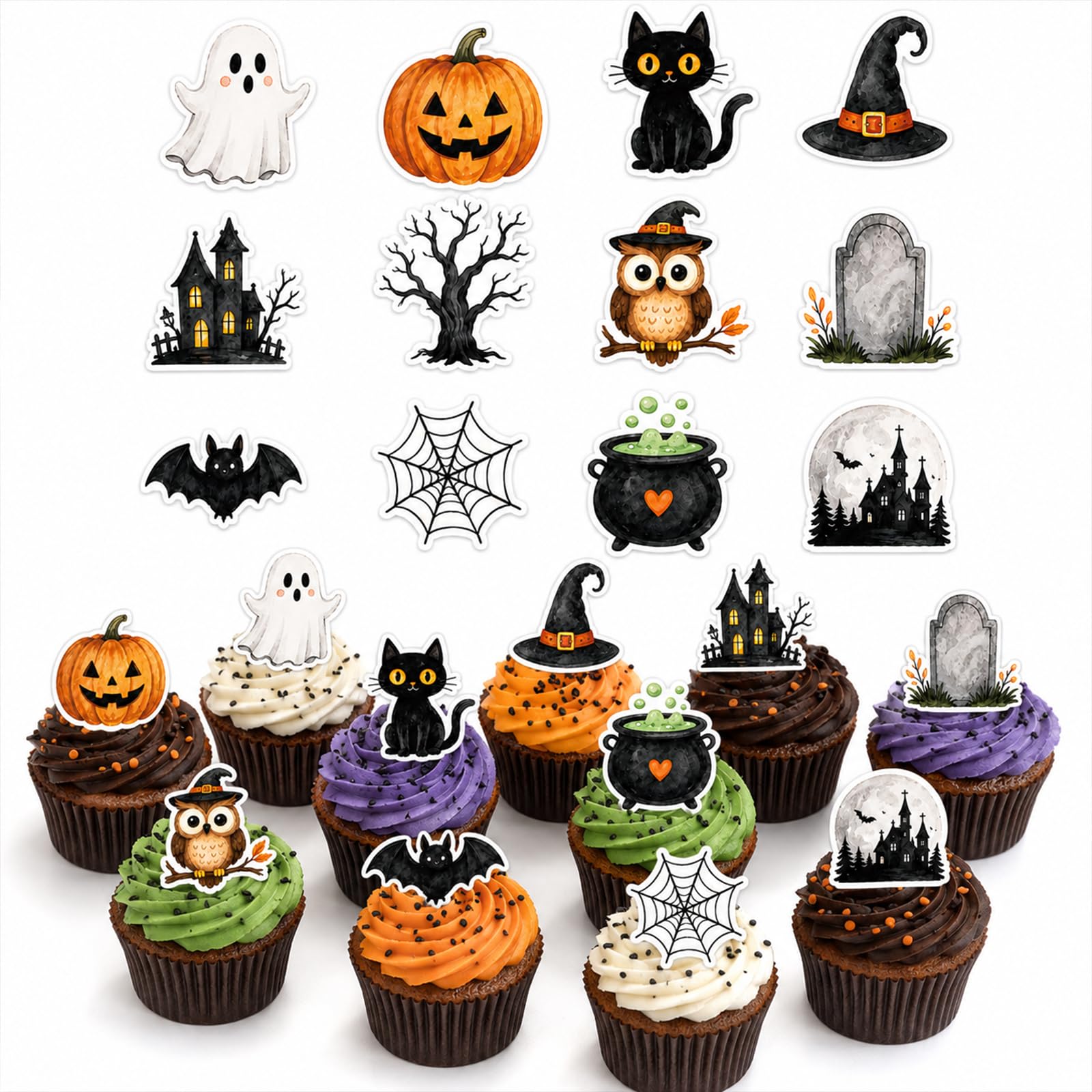 ALLAVA 48 Halloween Cake Decorations Edible Wafer Paper Cupcake Toppers