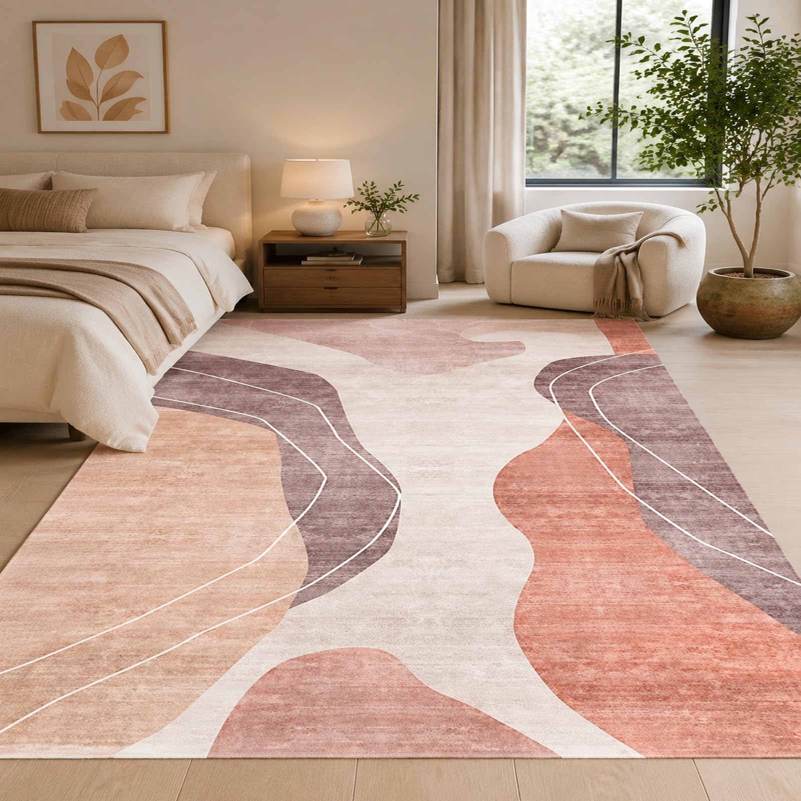 Tapis de salon moderne beige et rouge 140x200 au design artistique raffiné