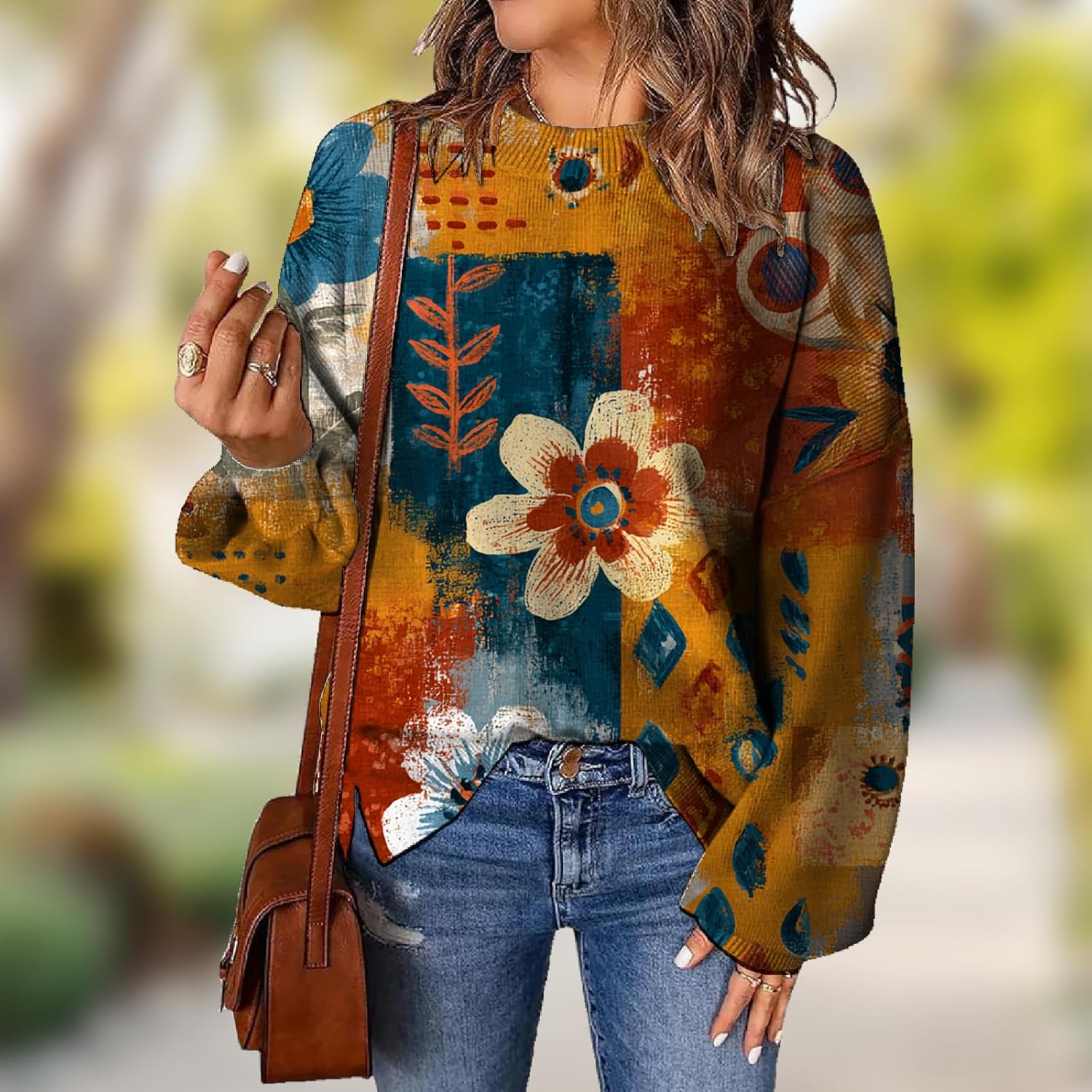 Womens Sweater Fashion Printed Lantern Sleeve Crewneck Pullover Tops Plus Size Warm Soft Knitted Fall Jumpers - Image 2