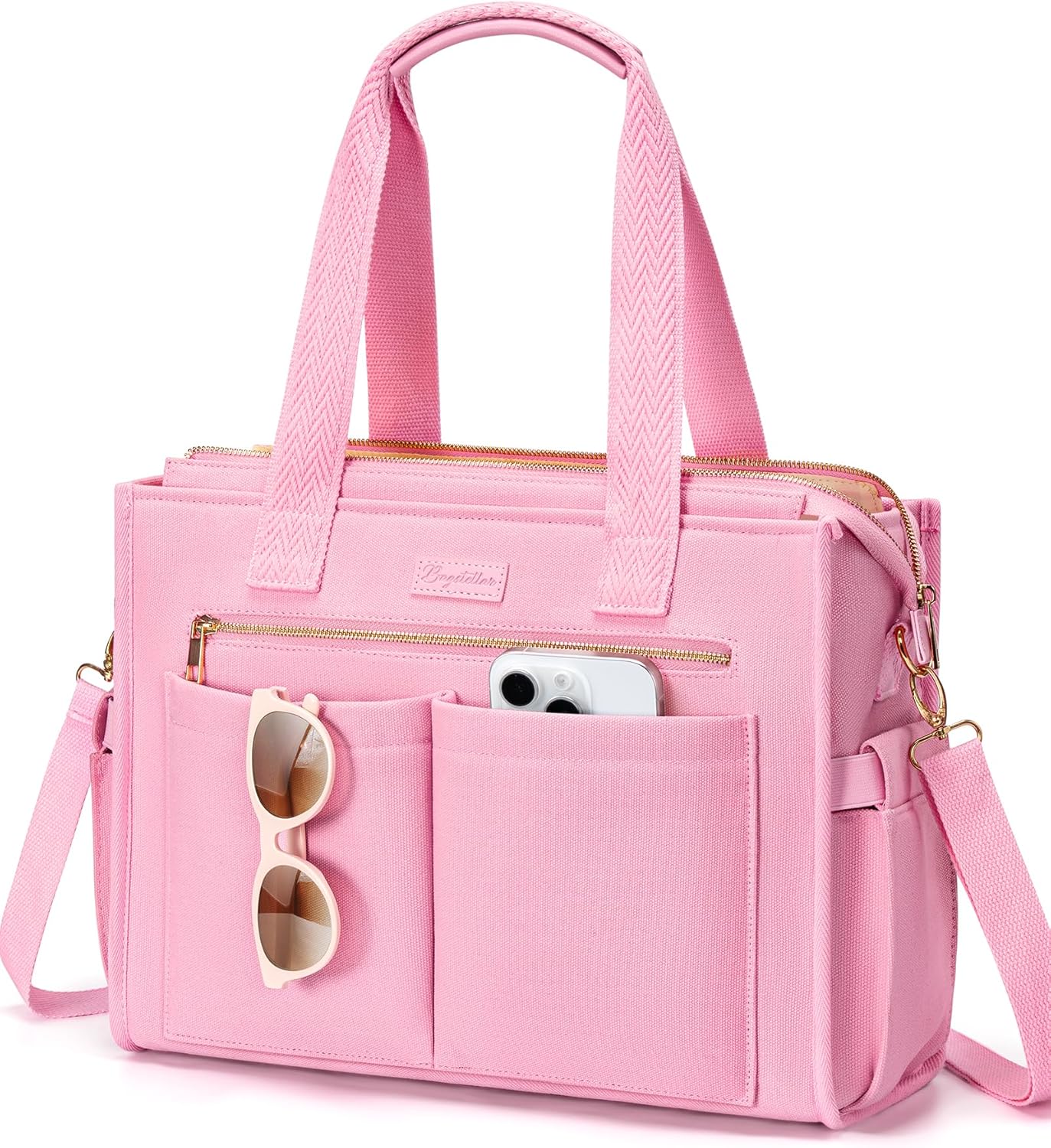 Canvas Tote Bag for Women, 15-Pocket Large Crossbody Handbag Bible Laptop Bag Zipper Bookbag for Teacher Work Travel College Large-15.6inch L4.pink