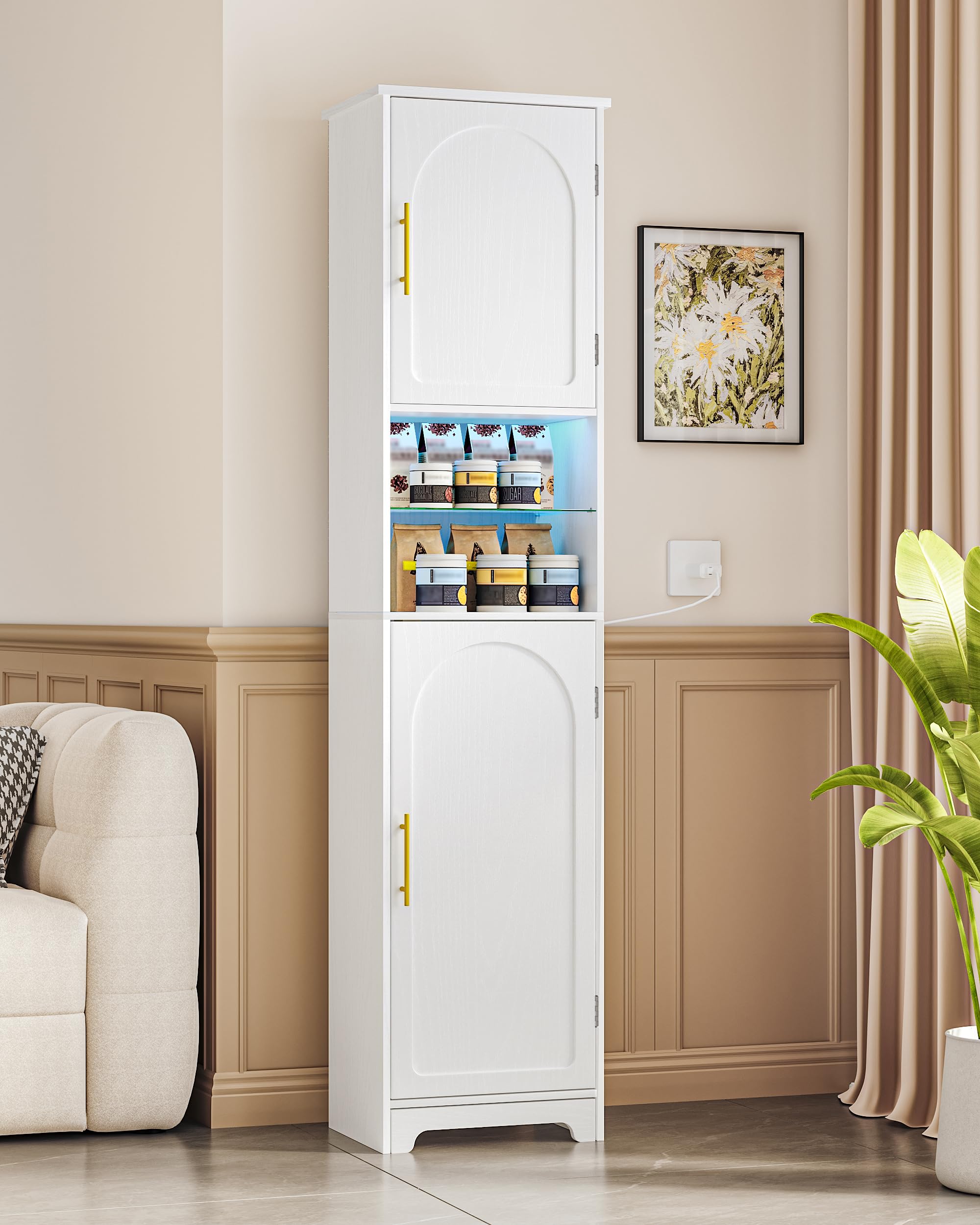 Hzuaneri Badezimmerschrank, Badschrank, Hoher Schrank Mit Farbwechselnden LED-Leuchten Und 2 Türen, Verstellbare Einlegeböden, Wohnzimmer, Badezimmer, 30 X 40 X 170 cm, Weiß SC28213X