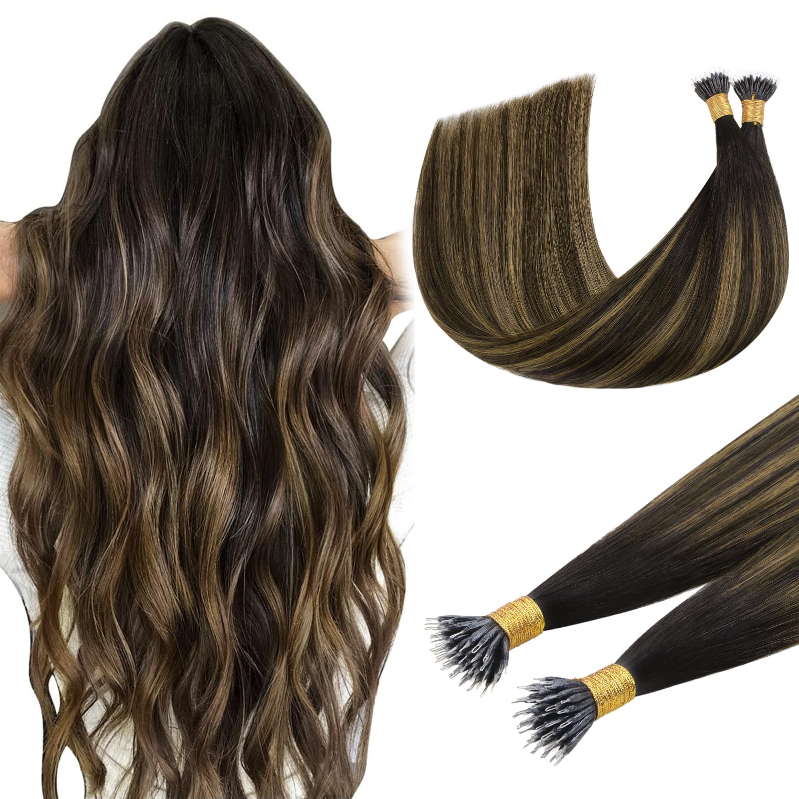 DOORES Nano Ring Hair Extensions, 16 Inch 50g 100s Balayage Dark Brown to Chestnut Brown