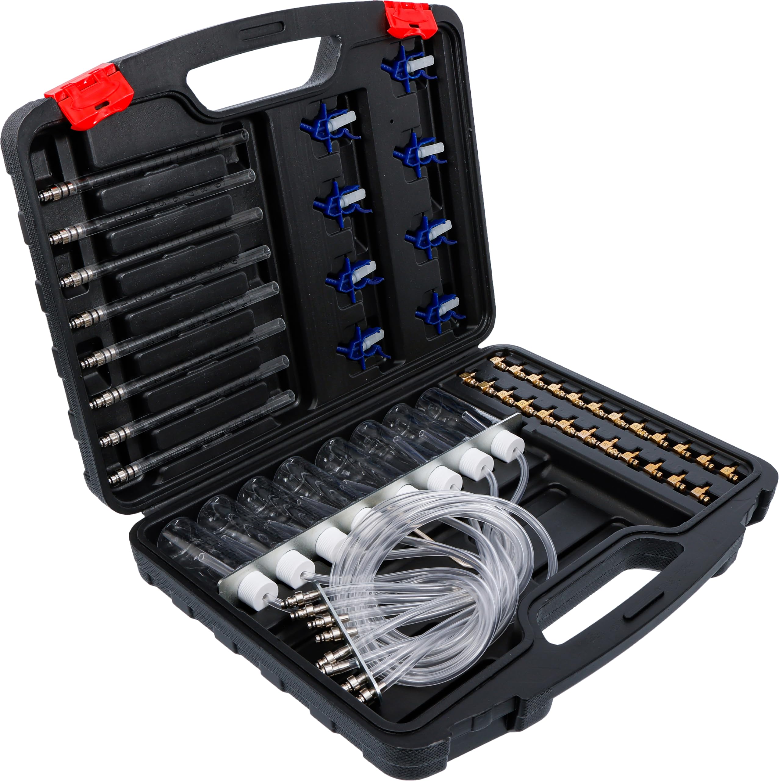 BGS Diy 98106 | Common-Rail-Tester | 32 Adapter | bis zu 8 Einspritzdüsen | Rücklaufvolumen über Glaskolben oder Messbehälter | Adapter für Denso C3, C1, Siemens C3, Delphi, Bosch