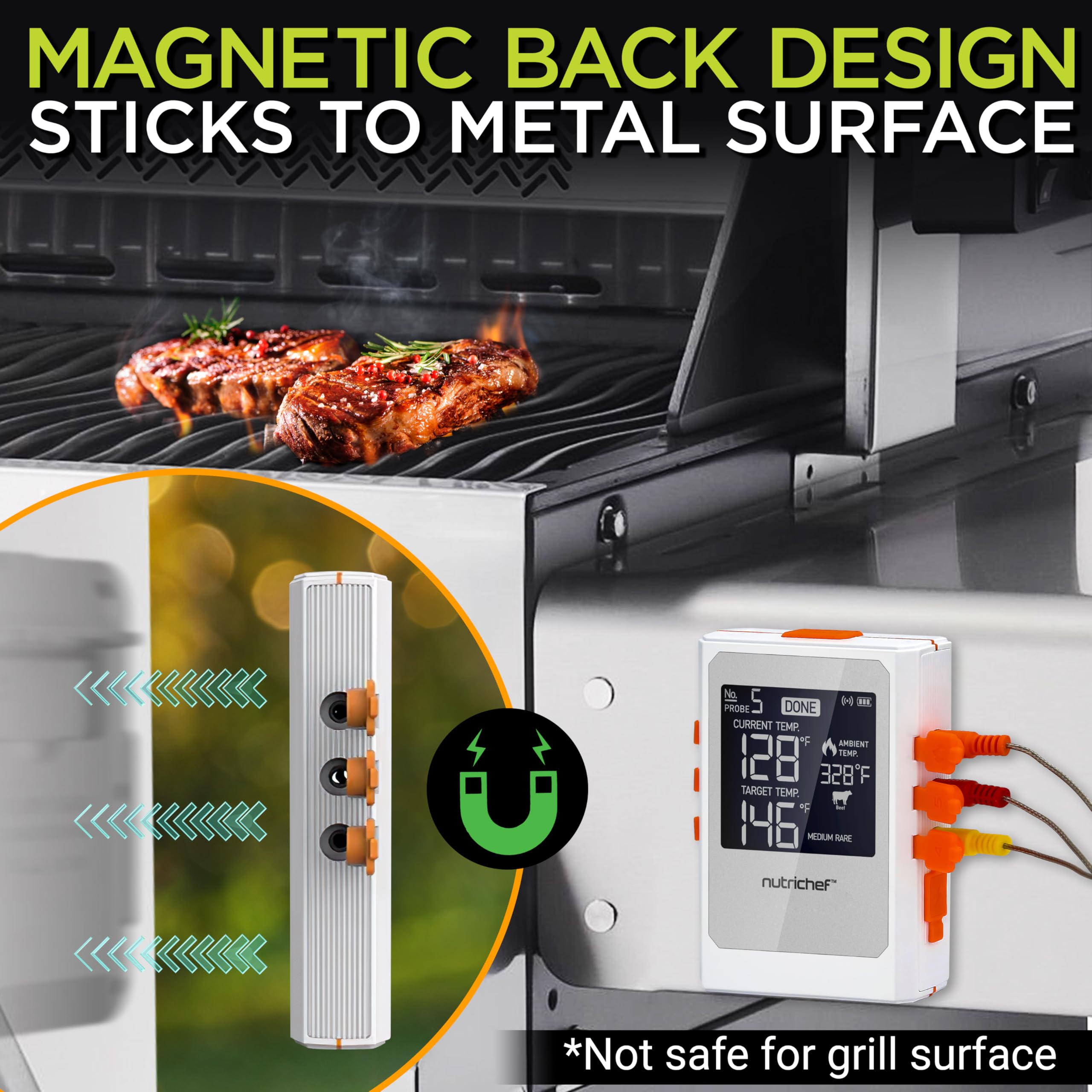 Nutrichef Termómetro inalámbrico para carne con 2 sondas de acero inoxidable, aplicación Bluetooth y WiFi para smartphone para monitorear la temperatura de los alimentos y alertas remotas, pantalla