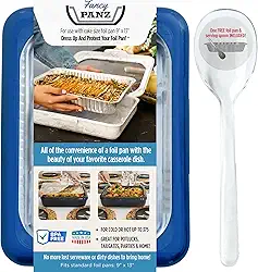 Fancy Panz Forma de bolo de folha de 24 x 33 cm, vista e proteja sua forma de alumínio feita nos EUA, assadeira e colher de servir incluídas. Comida quente ou fria. Empilhável para facilitar a viagem. (azul jeans)