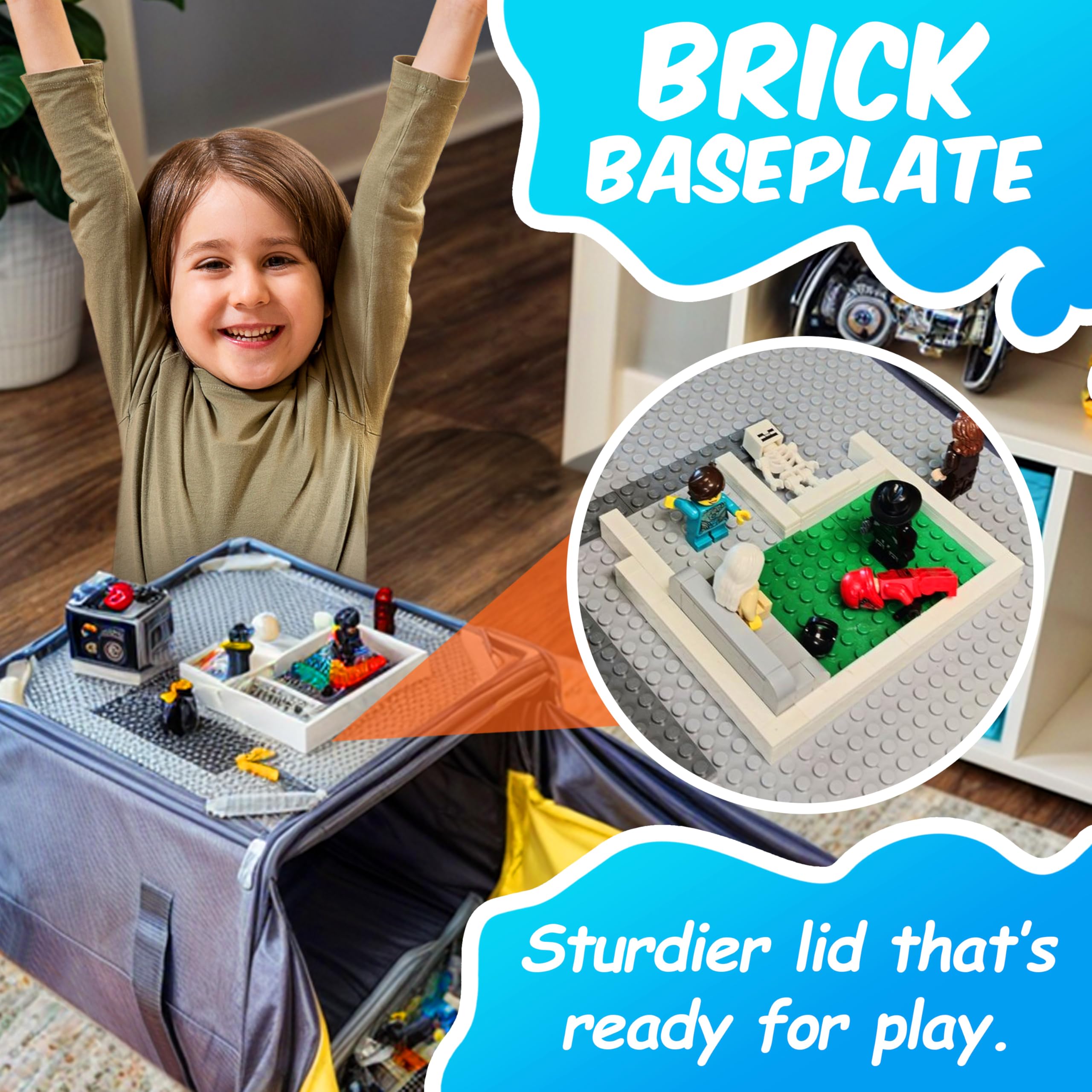 BrickCaddy Toy Storage Organizer with Play Mat and Baseplate – Compatible with LEGO and Duplo, Cube Shelf Bin with Zipper Pocket and Carry Strap for Kids' Building Bricks