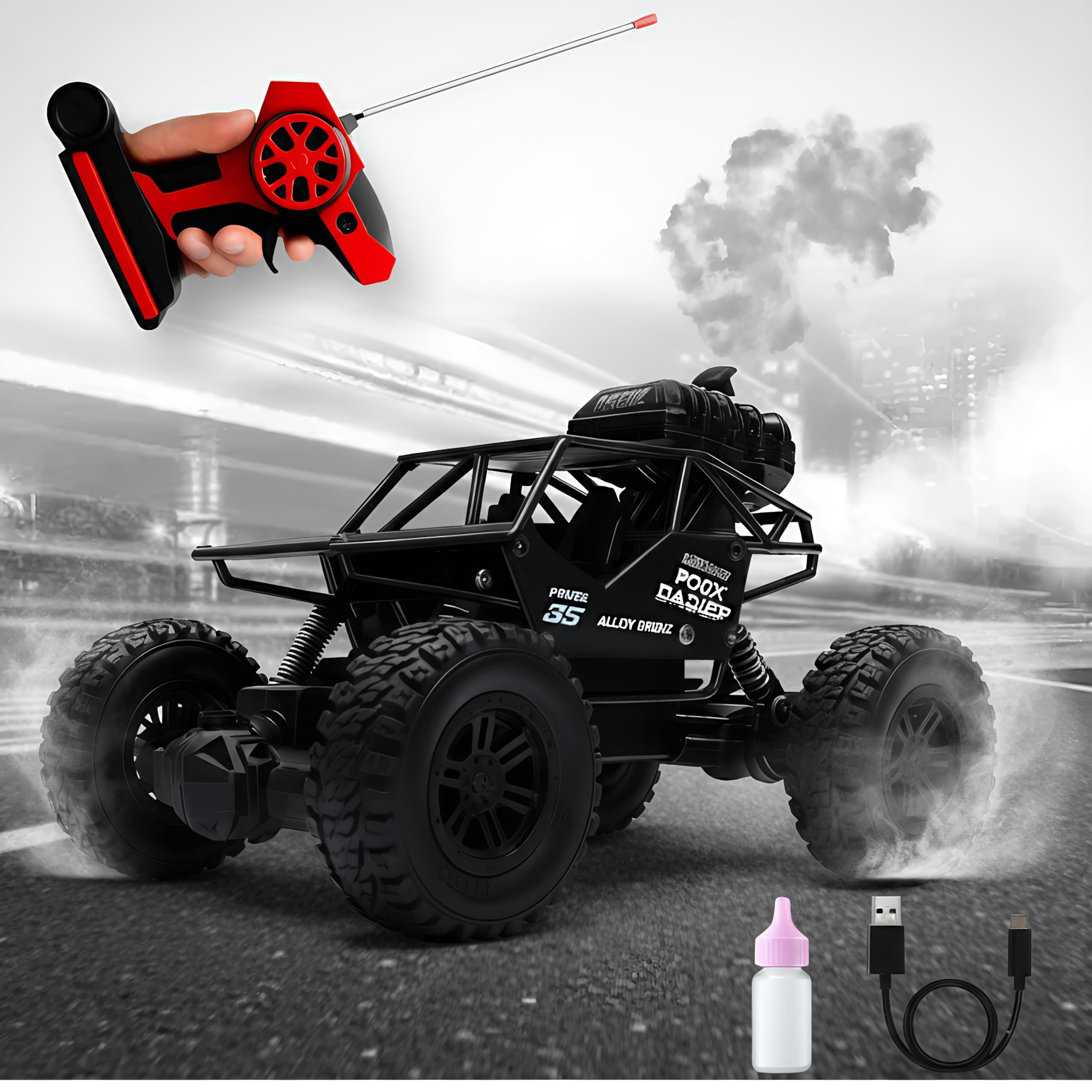Umadiya Offroader 2Wd Rc Car High Speed | 5 Functions 1:18 RC Car with Smoke Fog | Styled as Rock Crawler Climbing Monster Truck | Rechargeable Remote Control Car for Kids (Multi-Color)