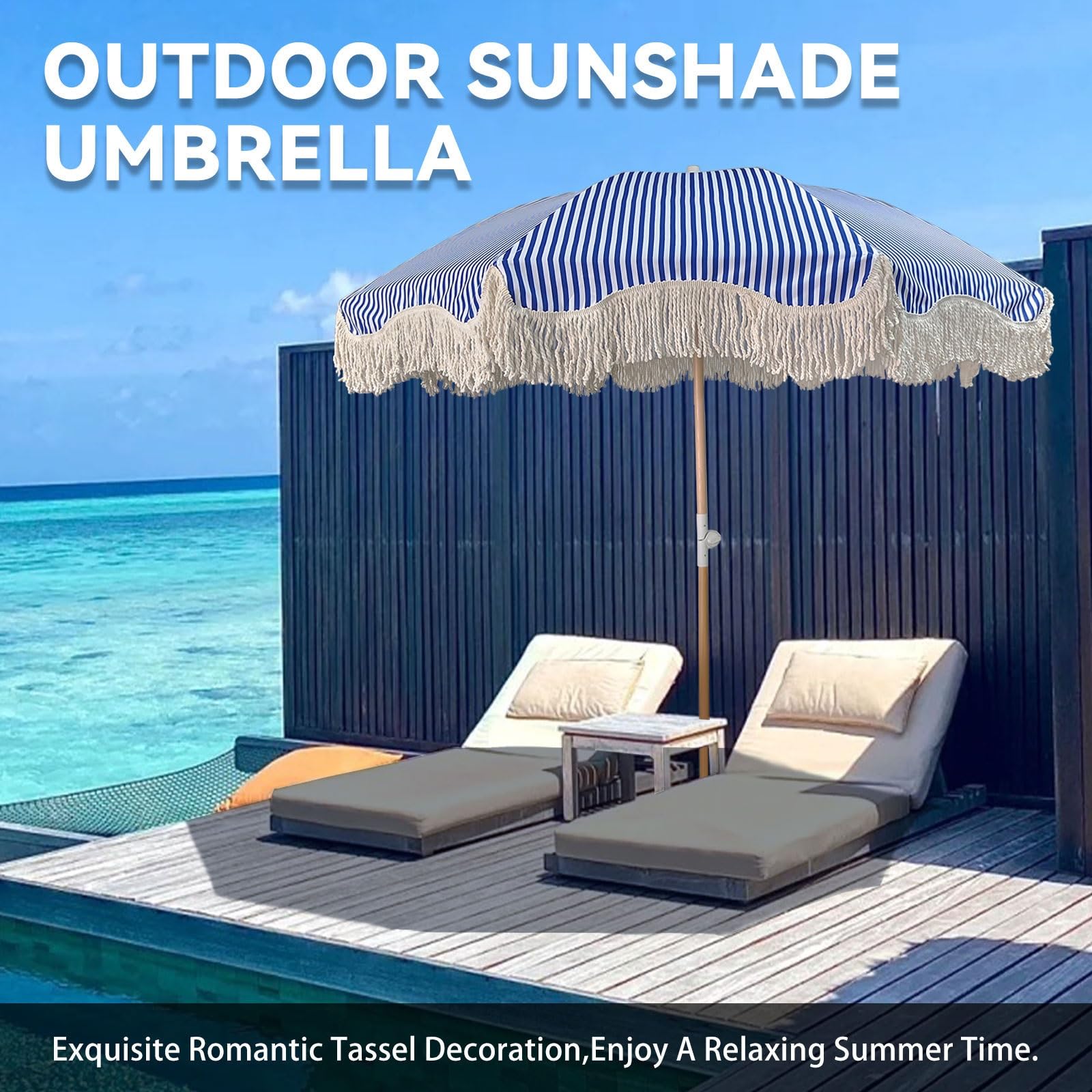 Ombrello da patio per esterni, stile bohémien, con nappa, a righe, blu, bianco, impermeabile, UPF50+, 8 costole, inclinabile, portatile, con borsa per il trasporto, per spiaggia, piscina, giardino