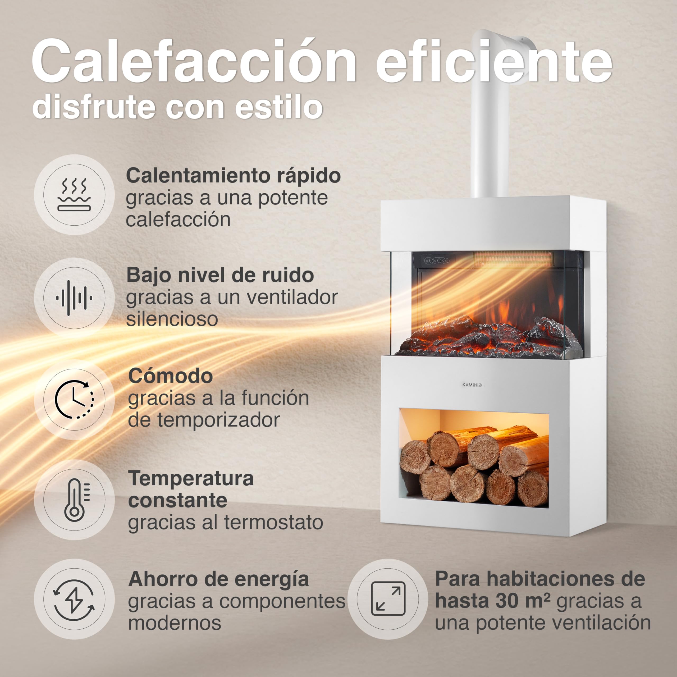KAMINIO® Henri Chimenea eléctrica con Calefactor & Tubo de Estufa [Blanco]