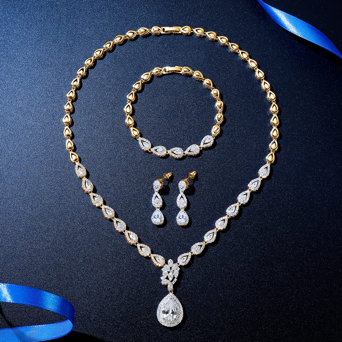 Juego de joyas de boda para mujer, pulsera, collar y pendientes de lágrima de plata con circonita cúbica, juego de joyas chapado en circonita cúbica para novia para boda con caja de regalo