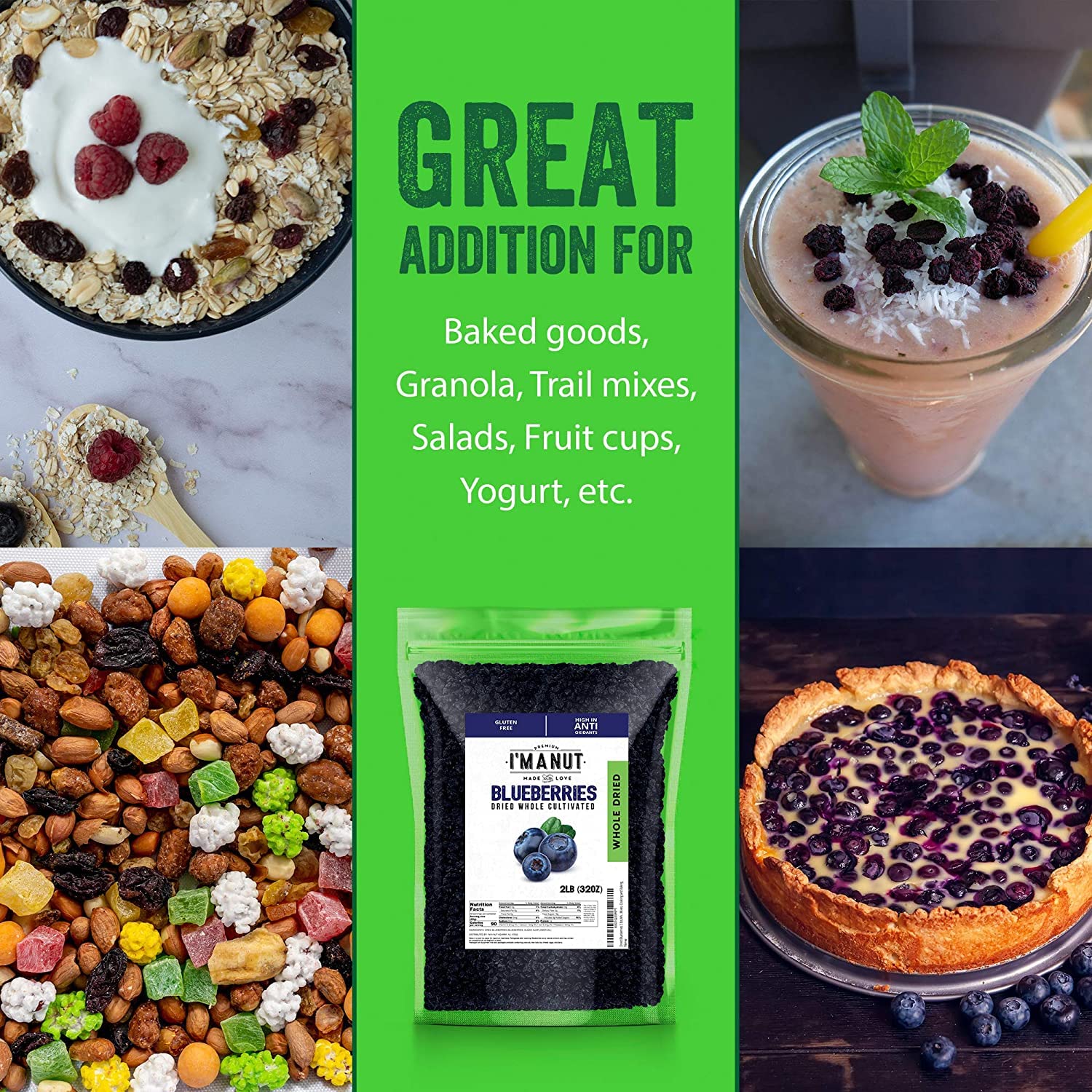 IMANUT Dried Blueberries 1 lb - Gluten-Free, Peanut-Free, Slightly Sweetened Whole Berries for Baking & Snacking