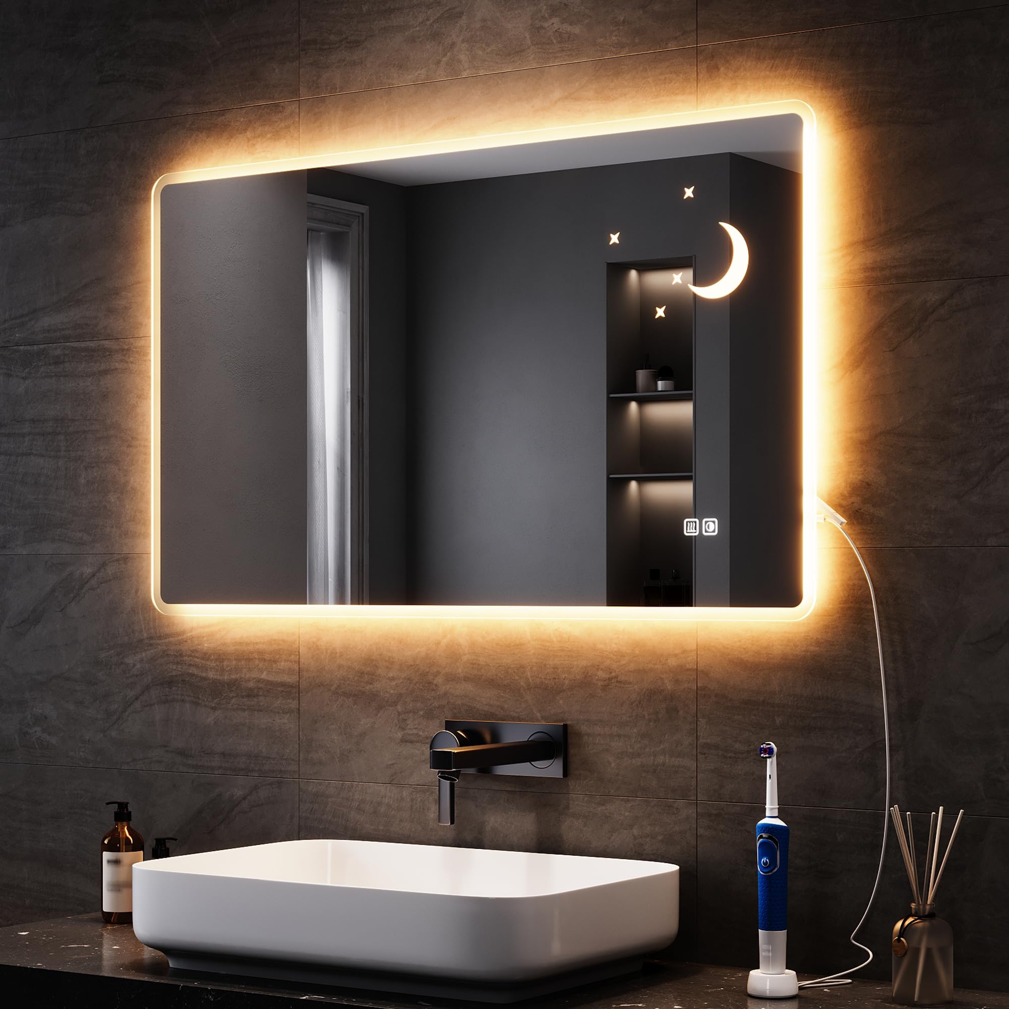 SONNI Lustro łazienkowe z oświetleniem LED, 100 x 60 cm, z włącznikiem dotykowym, możliwość ściemniania, bez zaparowania, 3 regulowane kolory światła, gniazdko elektryczne