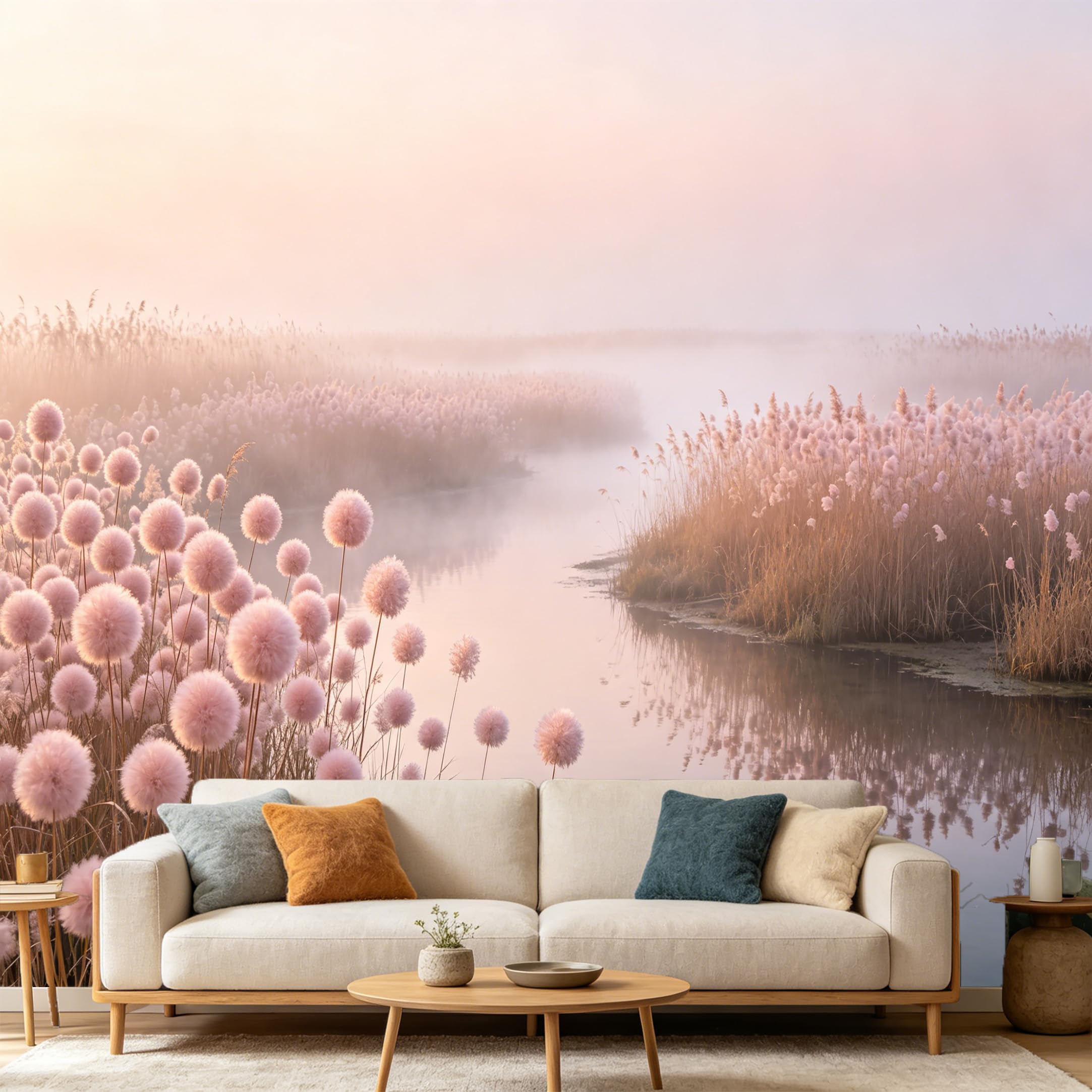 Custom Size Wall Mural Pink Mist Lake Landscape Botanical Reeds Watercolor SelfAdhesive Art Prints wall Fabric（No PVC） Removable Wallpaper Home Bedroom Decor