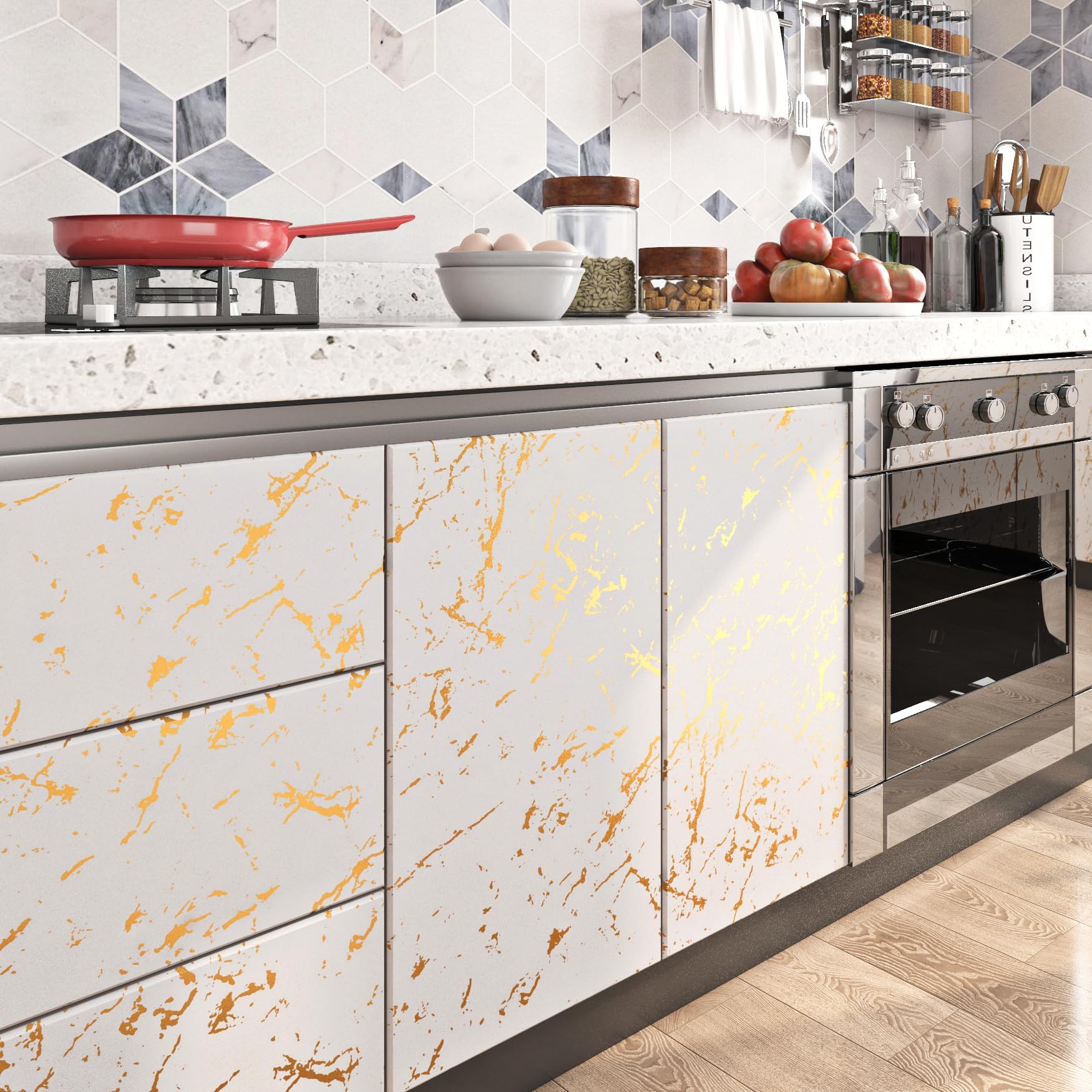 FunStick Papel tapiz autoadhesivo impermeable de 91 x 508 cm, color blanco crema y dorado, para despegar y pegar, papel de contacto de encimera para armarios de cocina, papel de pared autoadhesivo