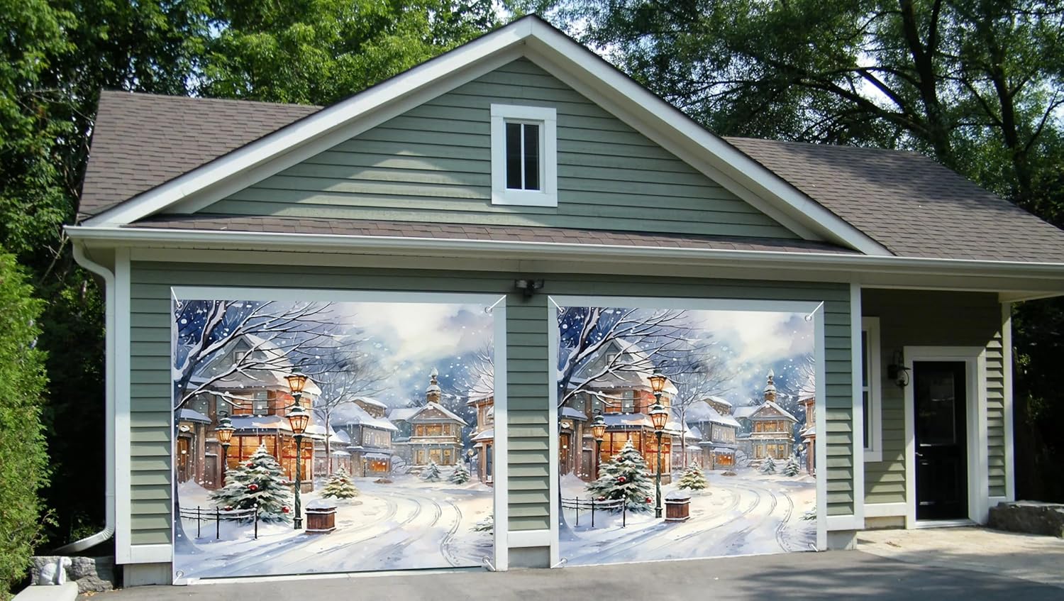 7x8ft Christmas Winter Village Garage Door Decor European Snowy Town Street Cottage Xmas Tree Watercolor Scenery Garage Door Cover Indoor Outdoor Seasonal Holiday Festive Decor