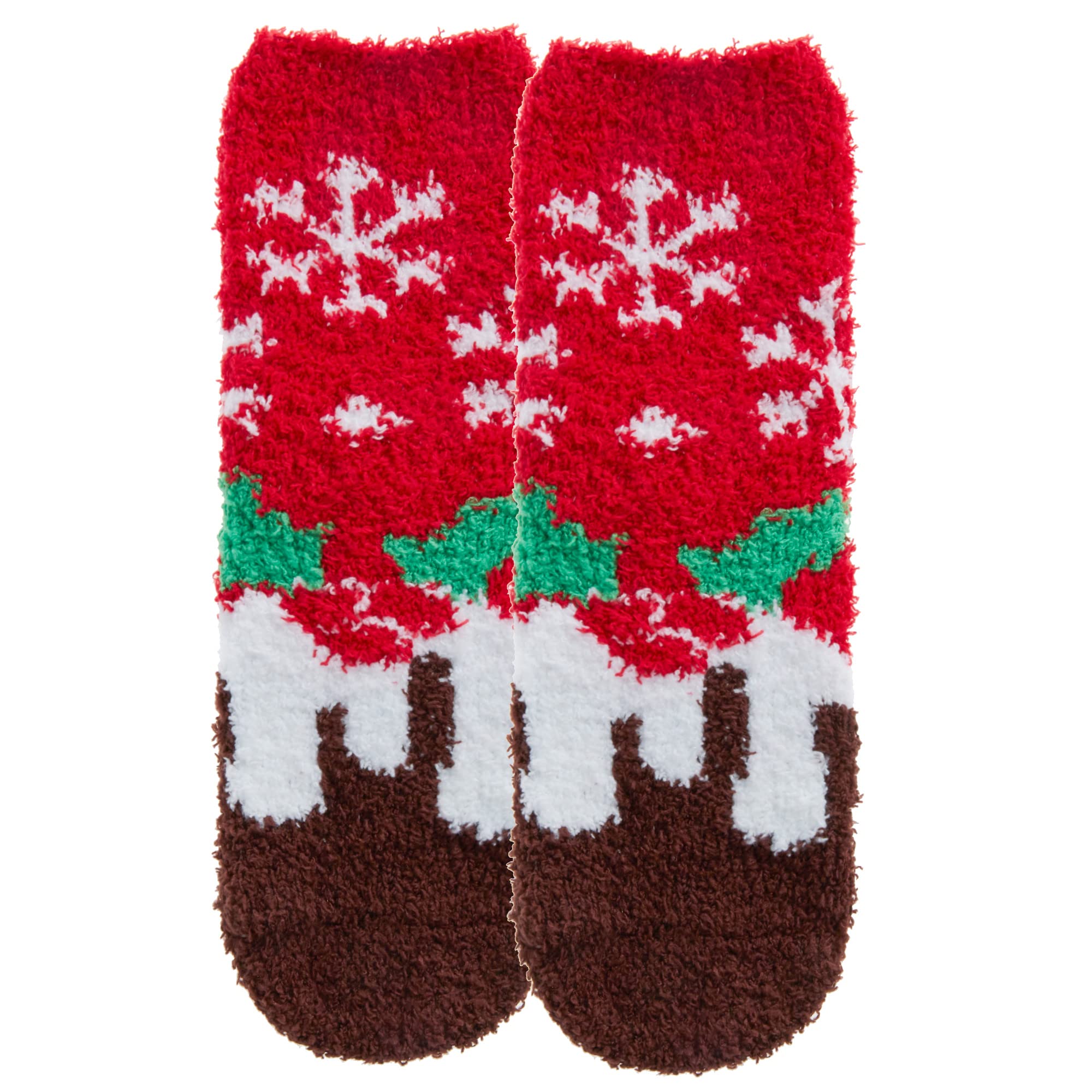 Metzuyan Kids Boys Girls Winter Socks Christmas Fluffy Bed Socks with Grippers Non Skid Xmas Print Red UK 6-8.5