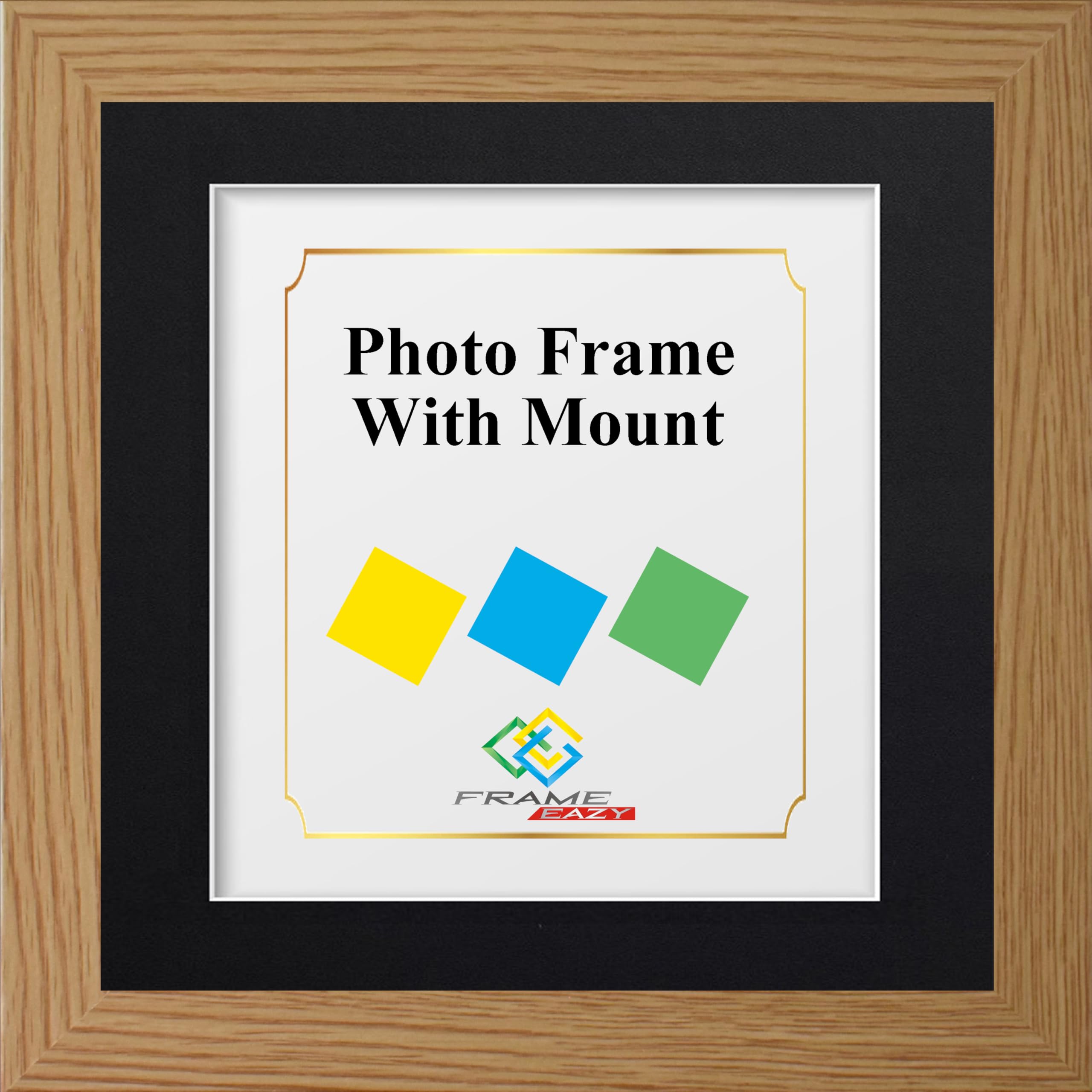 FRAME EAZY Square Oak Photo Frame Picture Frame with Black Mount - Comes With Safe Perspex Front & Wall Hanging Hooks - Square Frame 9" x 9 Pic Size 5"x 5" Mount
