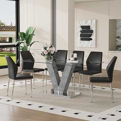Miniatura 10 de Juego de mesa de comedor de cristal moderno de 71 pulgadas para 6, juego de mesa de comedor de 7 piezas con sillas y mesa de vidrio templado de